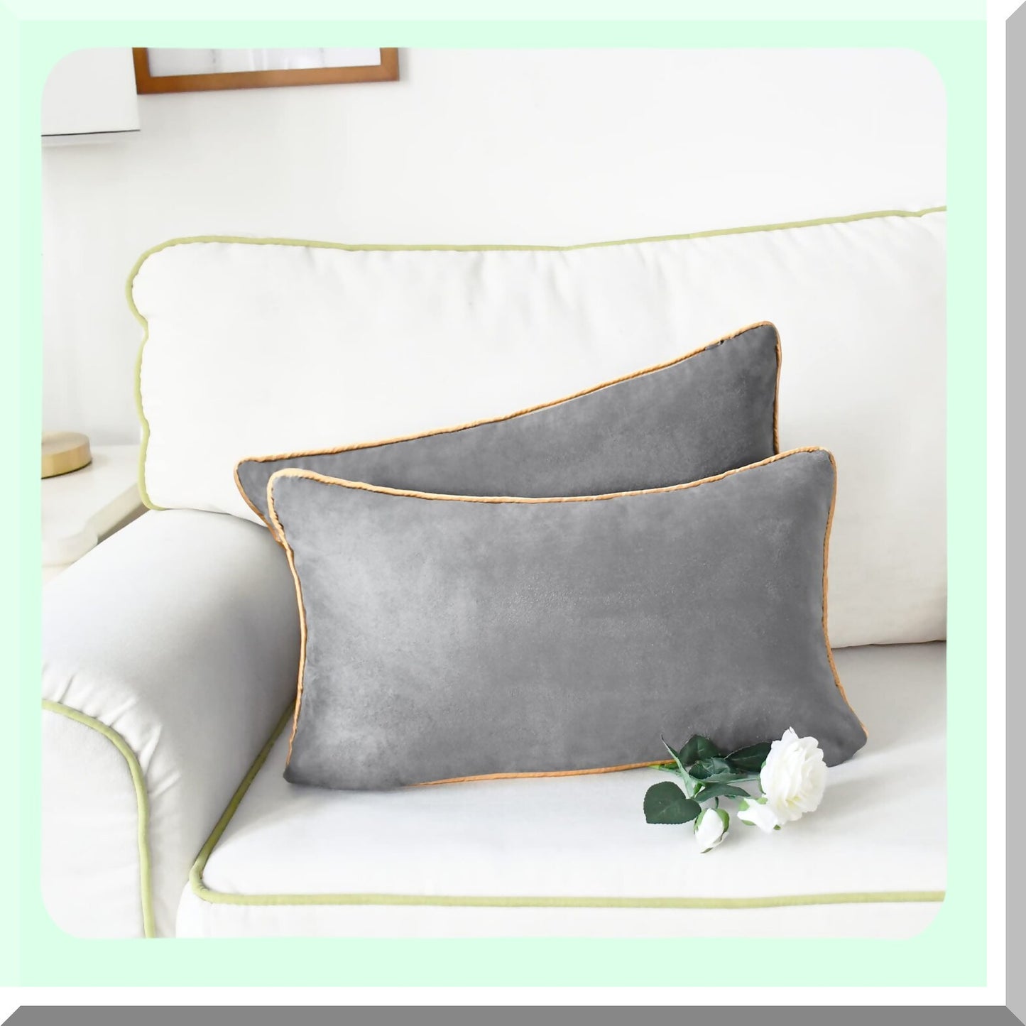 Luxury Suede Accent Pillow Covers - Set of 2 | Soft Gold Piping Edge | Farmhouse Decor Cushion Cases for Couch, Bed, Sofa | 12x20 Inches | Silver Gray