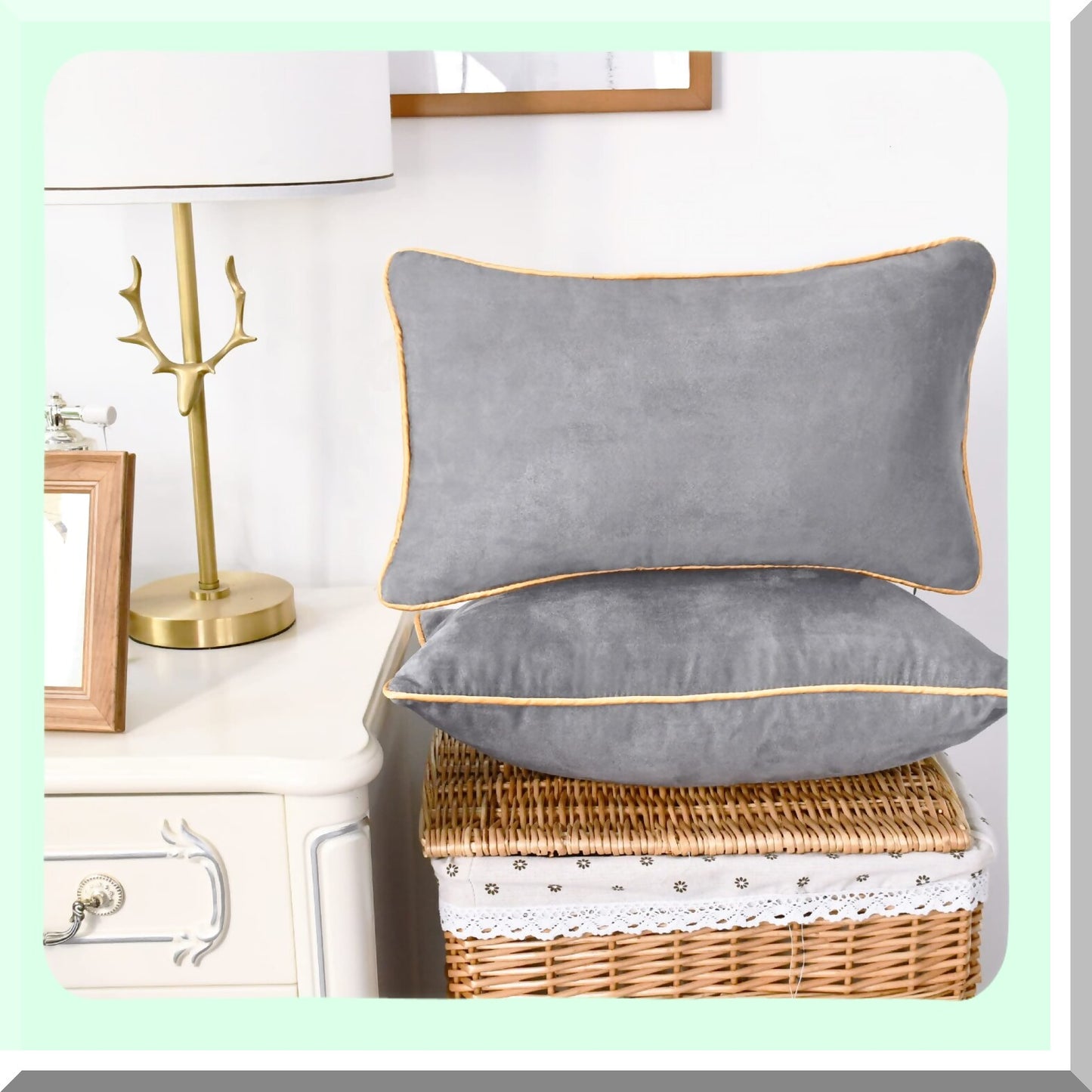 Luxury Suede Accent Pillow Covers - Set of 2 | Soft Gold Piping Edge | Farmhouse Decor Cushion Cases for Couch, Bed, Sofa | 12x20 Inches | Silver Gray