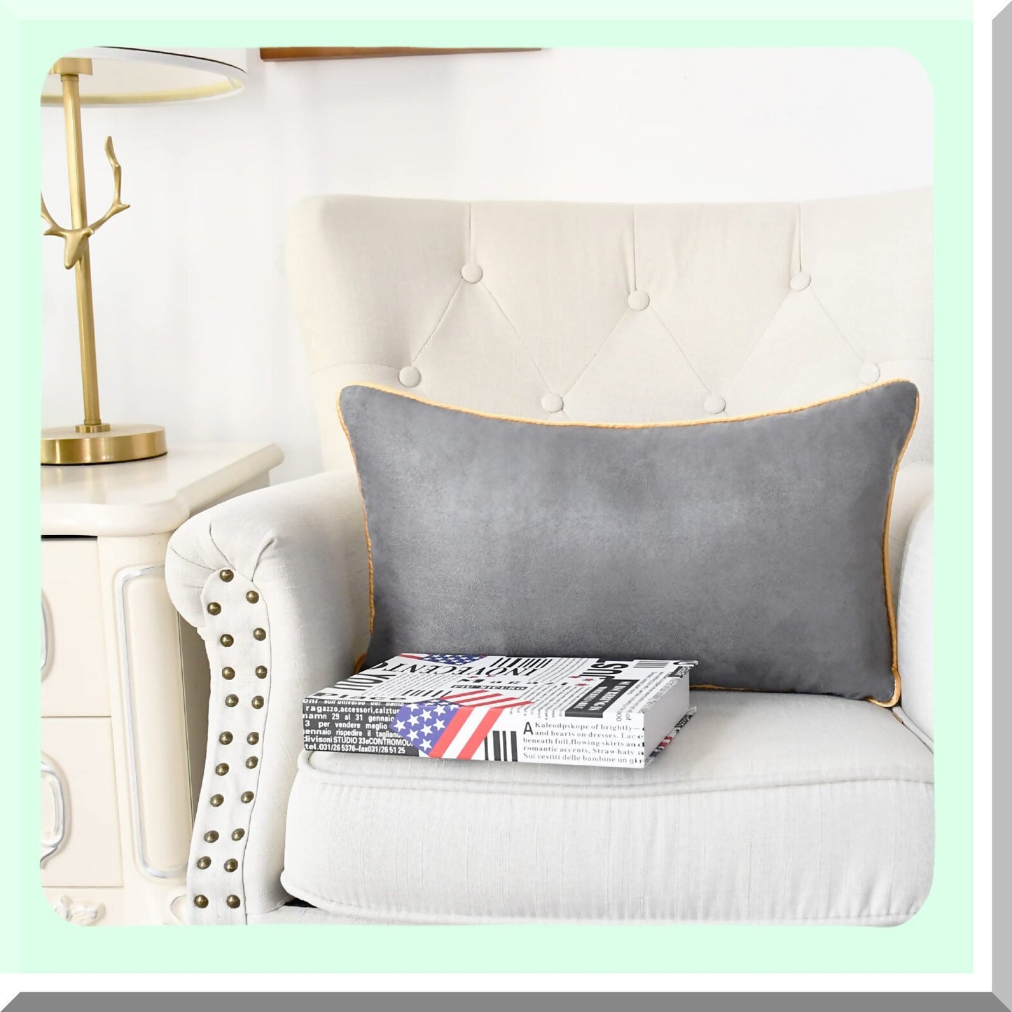 Luxury Suede Accent Pillow Covers - Set of 2 | Soft Gold Piping Edge | Farmhouse Decor Cushion Cases for Couch, Bed, Sofa | 12x20 Inches | Silver Gray