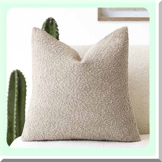 Cozy Boucle Accent Pillow Covers - Soft Textured Solid Cushion Cases for Living Room Decor - Beige Oatmeal Sofa Throw Pillowcases 18x18"