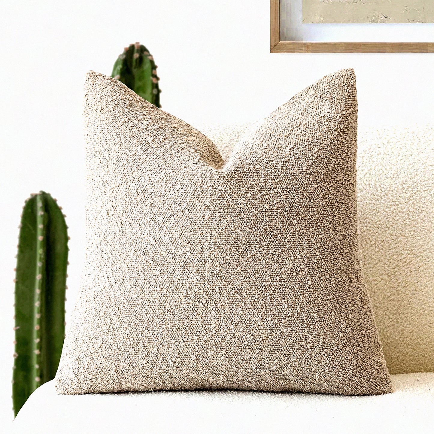 Cozy Boucle Accent Pillow Covers - Soft Textured Solid Cushion Cases for Living Room Decor - Beige Oatmeal Sofa Throw Pillowcases 18x18"