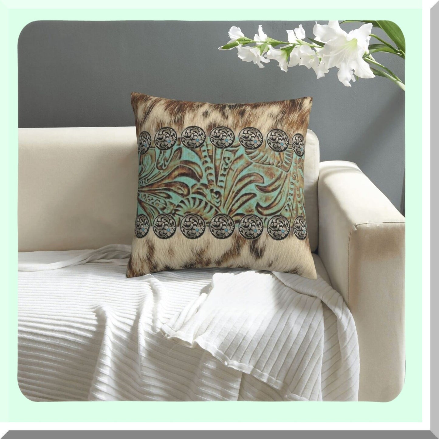 Country Western Turquoise Teal Pillowcase - Decorative 18x18 Inch Square Cushion Cover for Home Decor, Sofa, Living Room, Bed, Car - Cowboy Brown Beige Fashion Pattern Throw Pillow Cover
