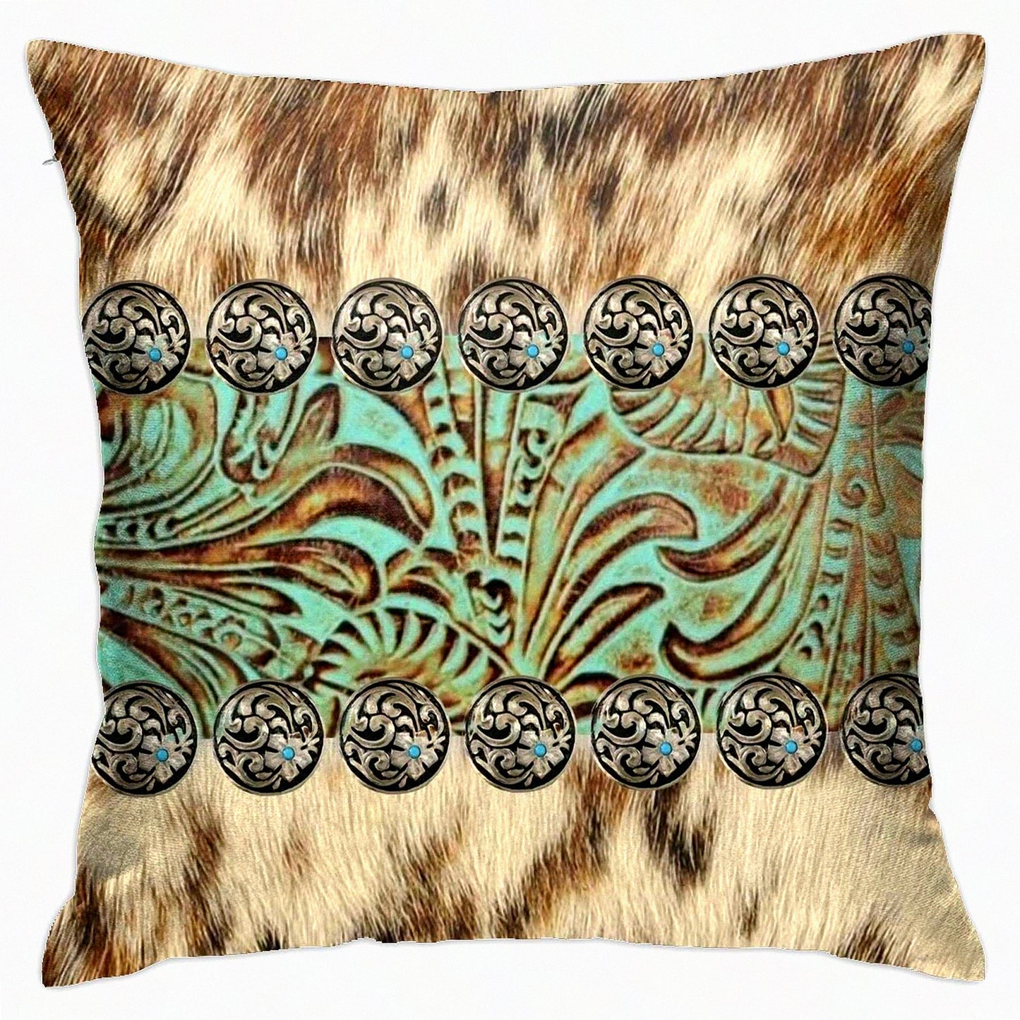 Country Western Turquoise Teal Pillowcase - Decorative 18x18 Inch Square Cushion Cover for Home Decor, Sofa, Living Room, Bed, Car - Cowboy Brown Beige Fashion Pattern Throw Pillow Cover
