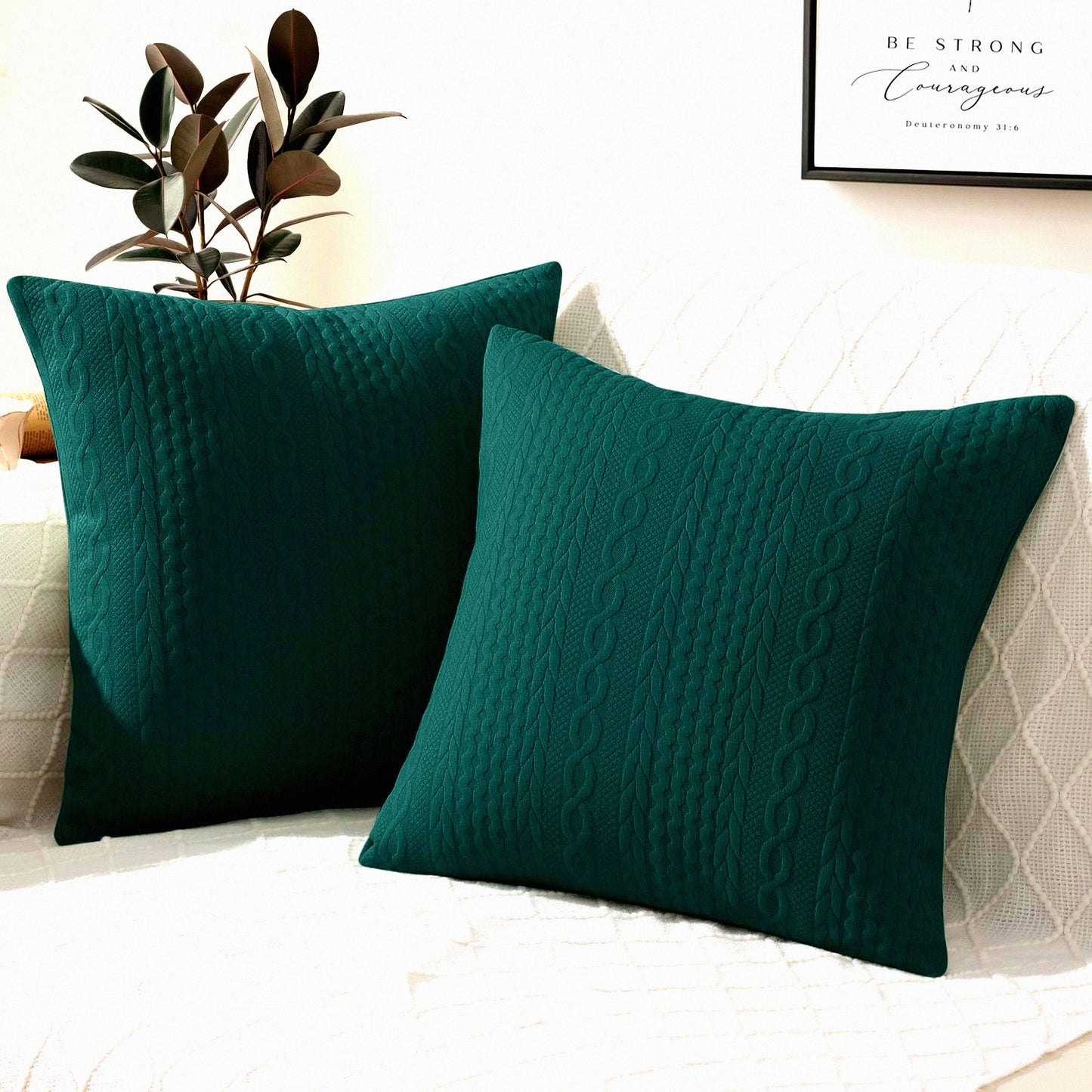 Twisted Rope Pattern Decorative Pillow Covers - Set of 2 18x18 for Sofa Bed, Stretchy Embossed Couch Pillow Covers in Dark Green - Home Decor Accents