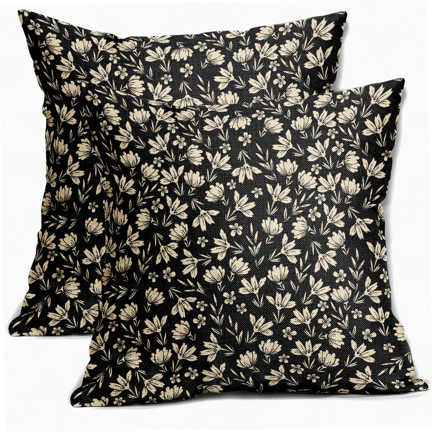 Rustic Floral Farmhouse Pillow Covers - Set of 2 Vintage Flower Cushion Cases 20x20 Black Cream Decorative Throw Pillows for Home Sofa Bed - Outdoor Linen PillowCase Cute Small Old Style Decor