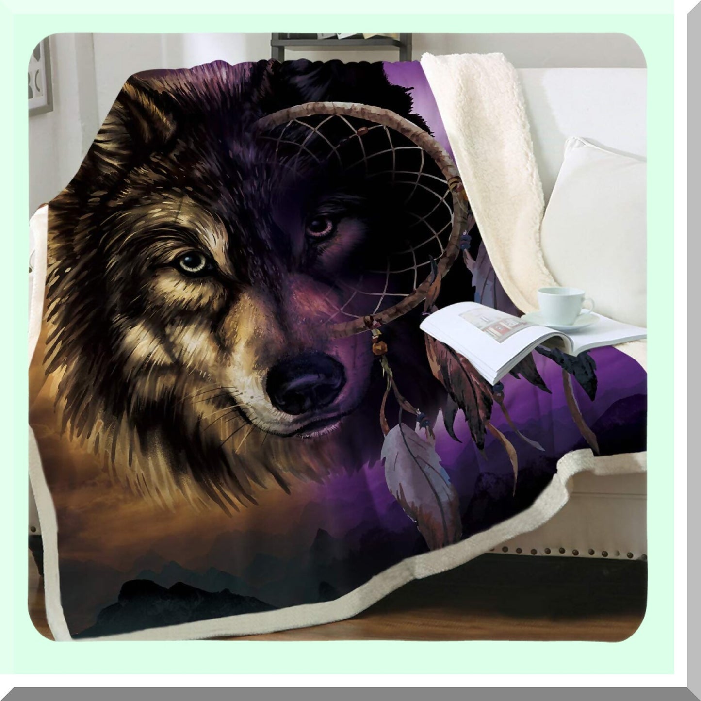 Majestic Wolf Dreamcatcher Fleece Throw - Super Plush Brown & Purple Blanket for Bed, Couch, or Travel - Queen Size 90" x 90""