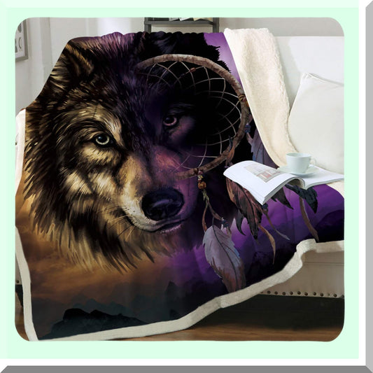 Majestic Wolf Dreamcatcher Fleece Throw - Super Plush Brown & Purple Blanket for Bed, Couch, or Travel - Queen Size 90" x 90""