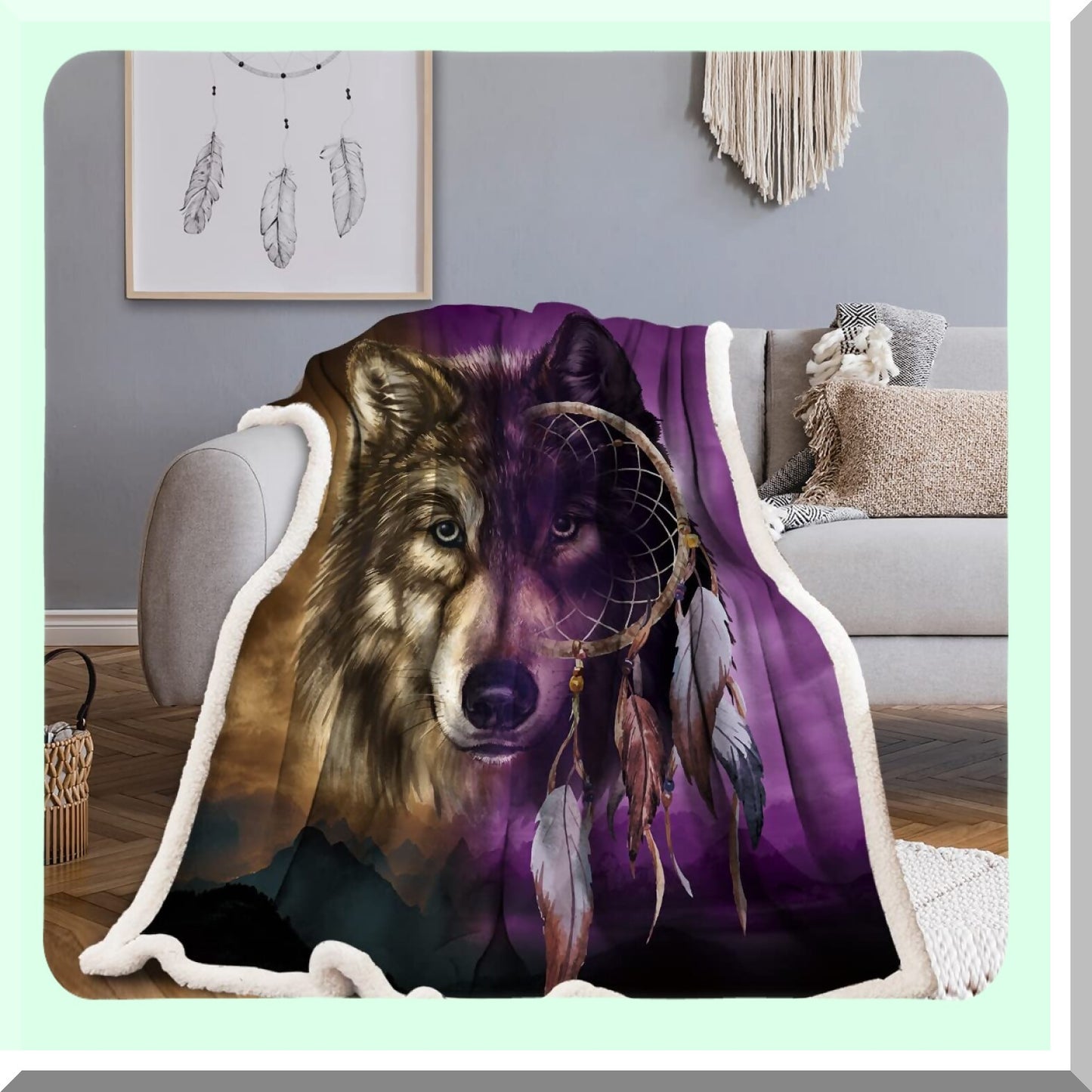 Majestic Wolf Dreamcatcher Fleece Throw - Super Plush Brown & Purple Blanket for Bed, Couch, or Travel - Queen Size 90" x 90""