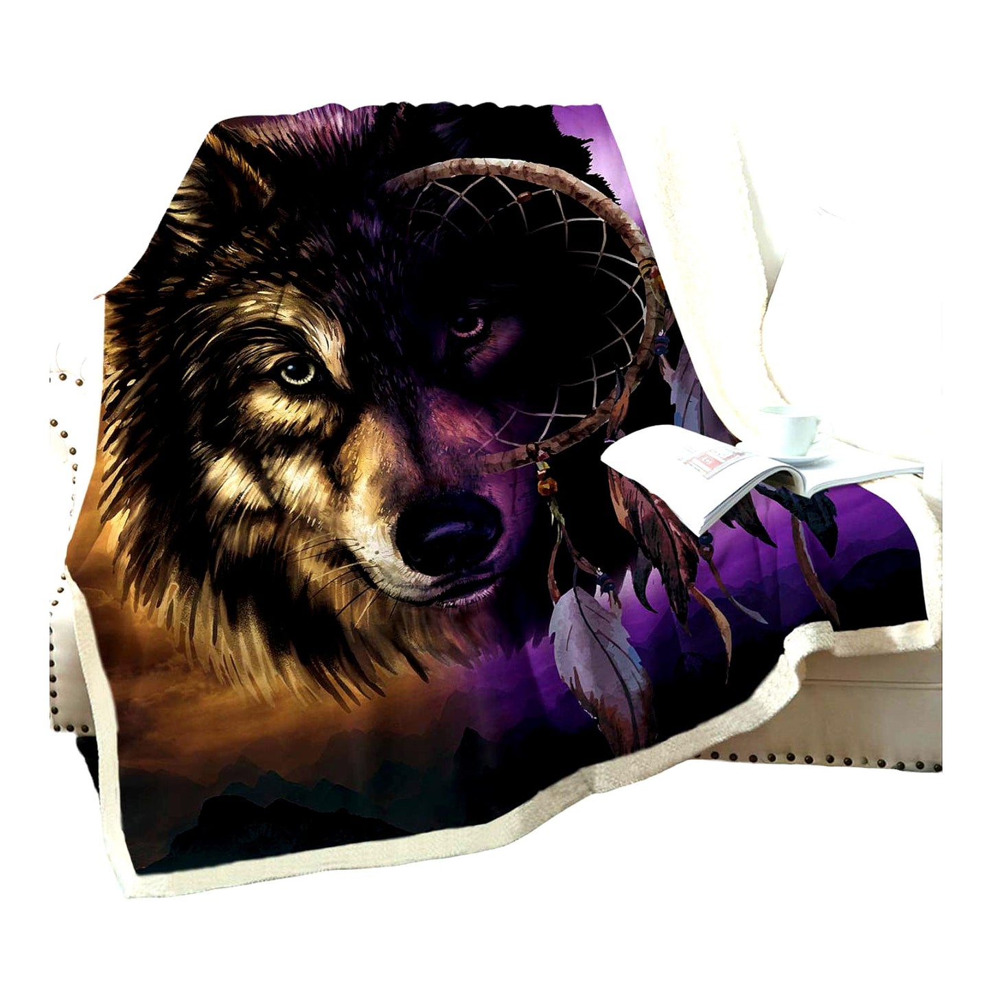 Majestic Wolf Dreamcatcher Fleece Throw - Super Plush Brown & Purple Blanket for Bed, Couch, or Travel - Queen Size 90" x 90""