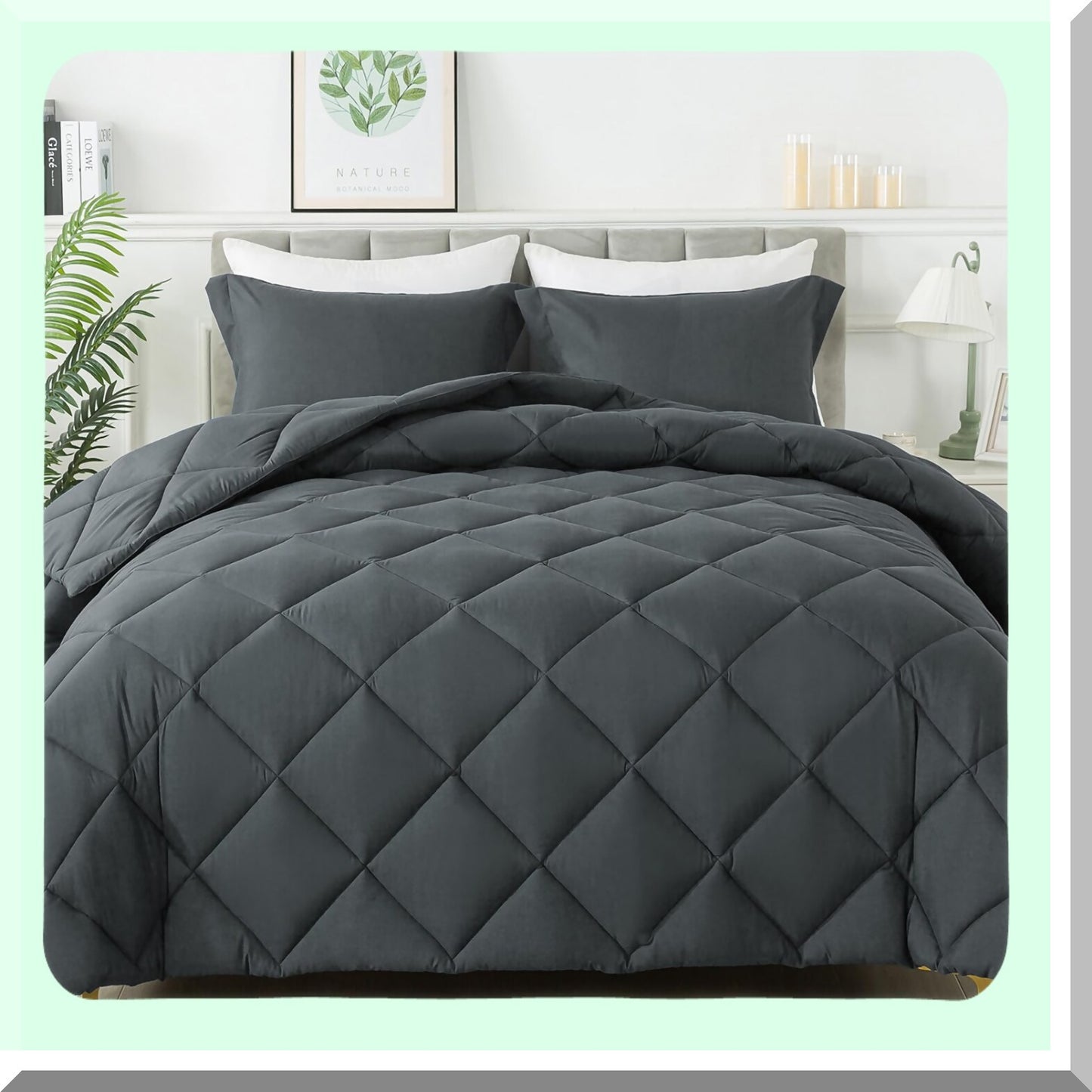 Luxury Down Alternative Comforter Set - Queen Size Bedding with 2 Pillow Shams - All Season Lightweight Bed Comforters - Machine Washable - Dark Grey