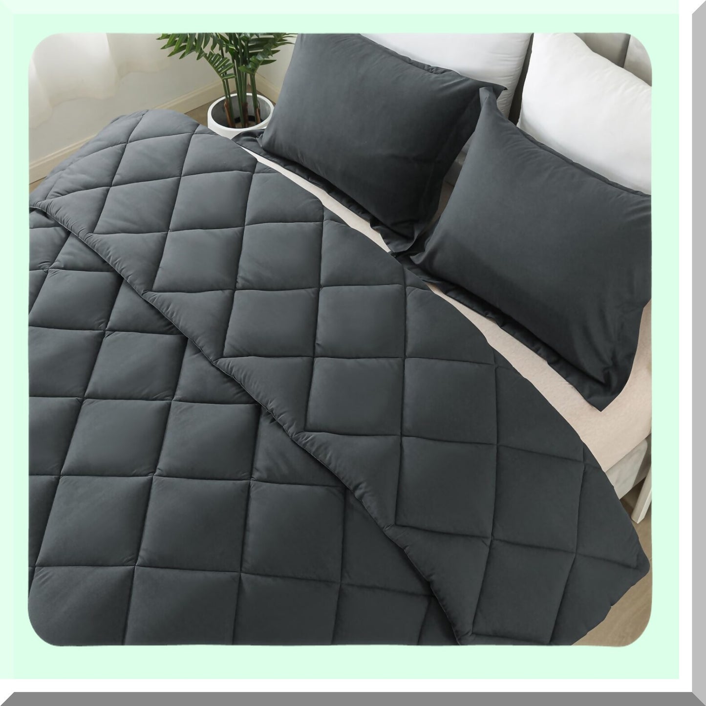 Luxury Down Alternative Comforter Set - Queen Size Bedding with 2 Pillow Shams - All Season Lightweight Bed Comforters - Machine Washable - Dark Grey