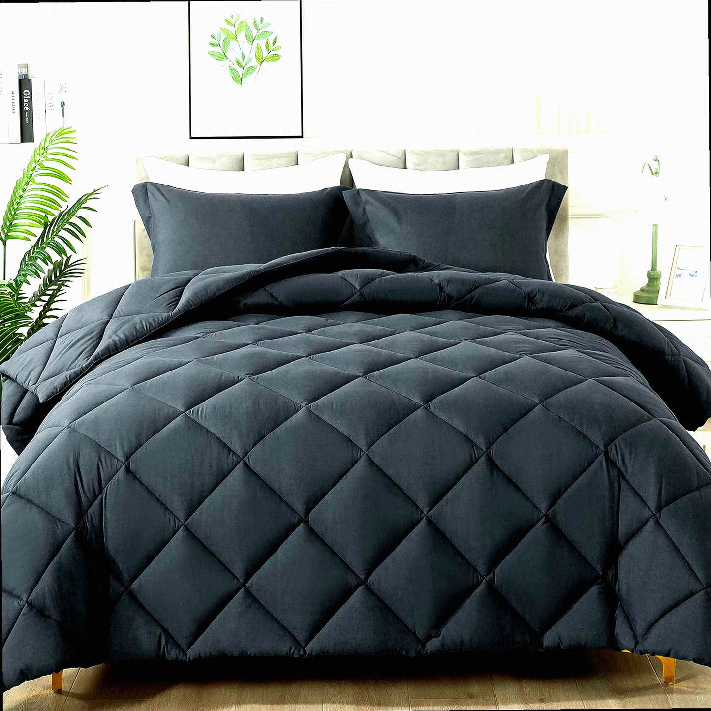 Luxury Down Alternative Comforter Set - Queen Size Bedding with 2 Pillow Shams - All Season Lightweight Bed Comforters - Machine Washable - Dark Grey