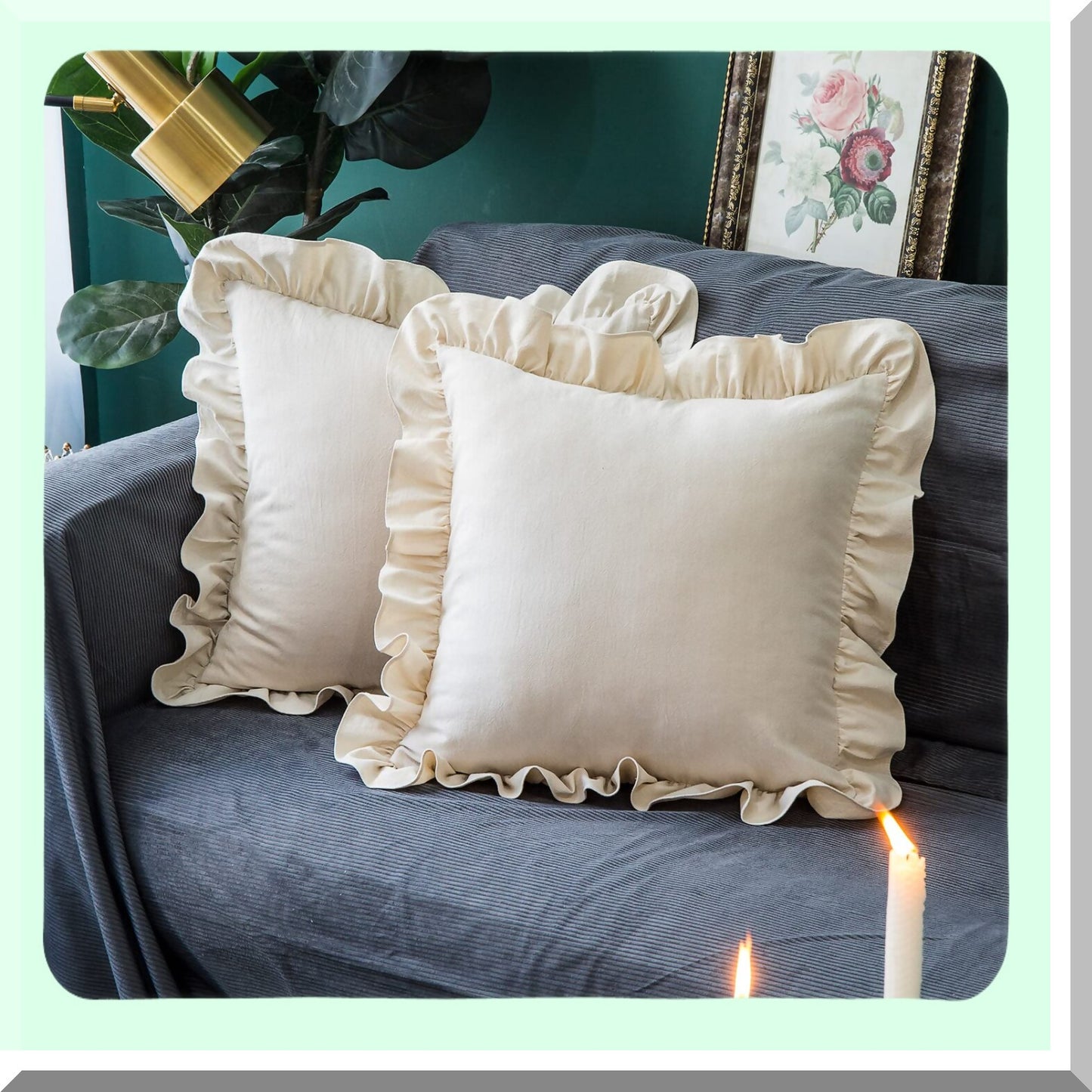 Retro Ruffle Flounces Trim Beige Cotton Pillow Covers - 2 Pack Farmhouse Decor Cushion Cases for Sofa Couch - 18x18 Inch Square Home Decorative Pillows