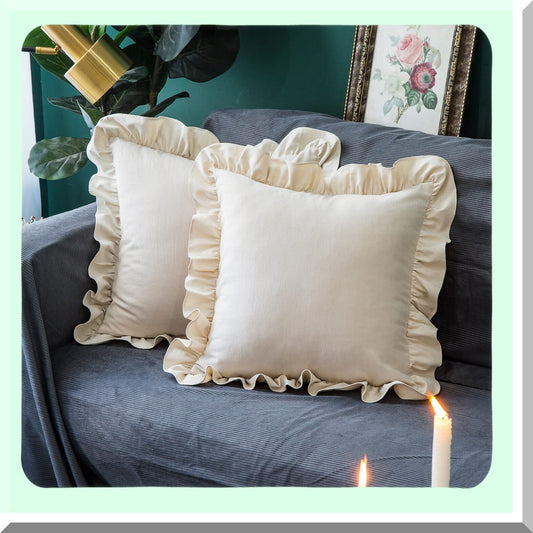 Retro Ruffle Flounces Trim Beige Cotton Pillow Covers - 2 Pack Farmhouse Decor Cushion Cases for Sofa Couch - 18x18 Inch Square Home Decorative Pillows