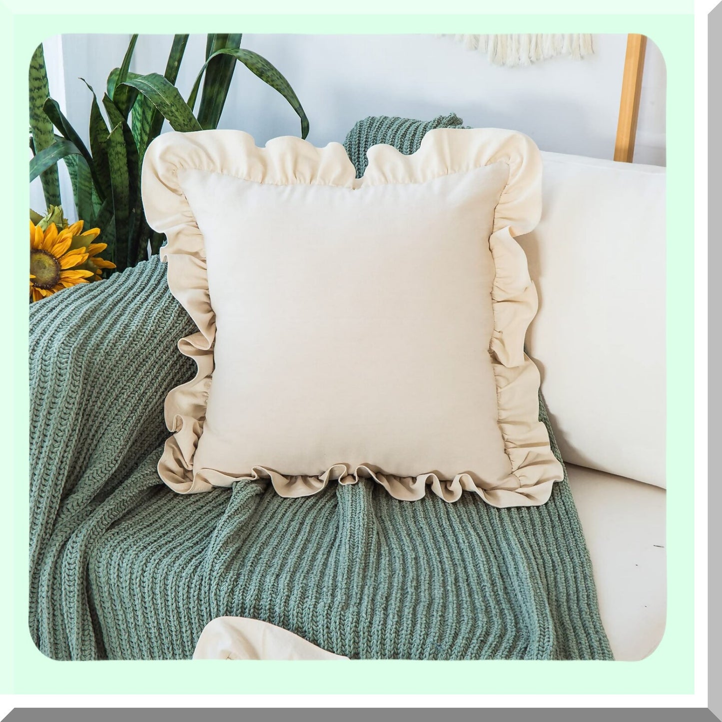 Retro Ruffle Flounces Trim Beige Cotton Pillow Covers - 2 Pack Farmhouse Decor Cushion Cases for Sofa Couch - 18x18 Inch Square Home Decorative Pillows