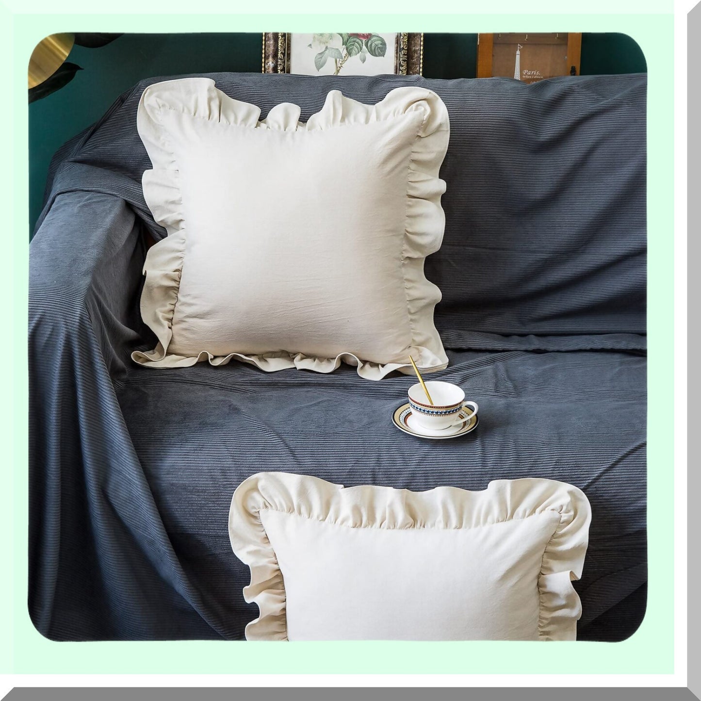 Retro Ruffle Flounces Trim Beige Cotton Pillow Covers - 2 Pack Farmhouse Decor Cushion Cases for Sofa Couch - 18x18 Inch Square Home Decorative Pillows