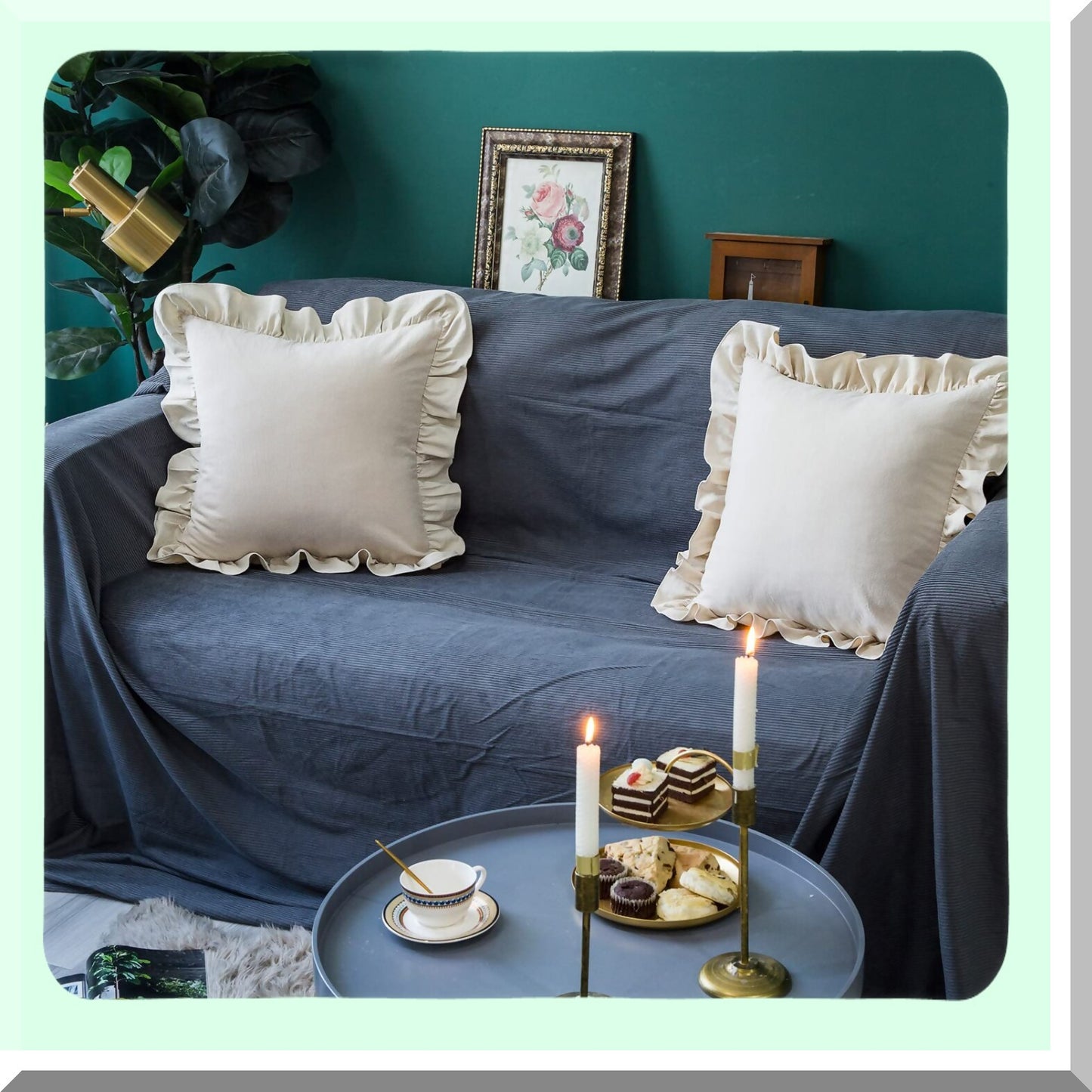 Retro Ruffle Flounces Trim Beige Cotton Pillow Covers - 2 Pack Farmhouse Decor Cushion Cases for Sofa Couch - 18x18 Inch Square Home Decorative Pillows