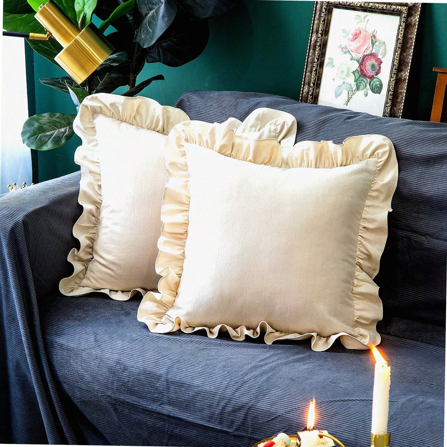 Retro Ruffle Flounces Trim Beige Cotton Pillow Covers - 2 Pack Farmhouse Decor Cushion Cases for Sofa Couch - 18x18 Inch Square Home Decorative Pillows