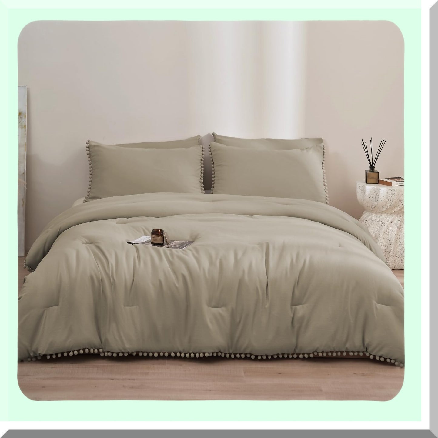 Boho Pom Pom Fringe Queen Comforter Set - 5 Piece Tan Bedding with Khaki Accents. Includes 4 Pillow Cases. Luxurious Queen Size Comforters.