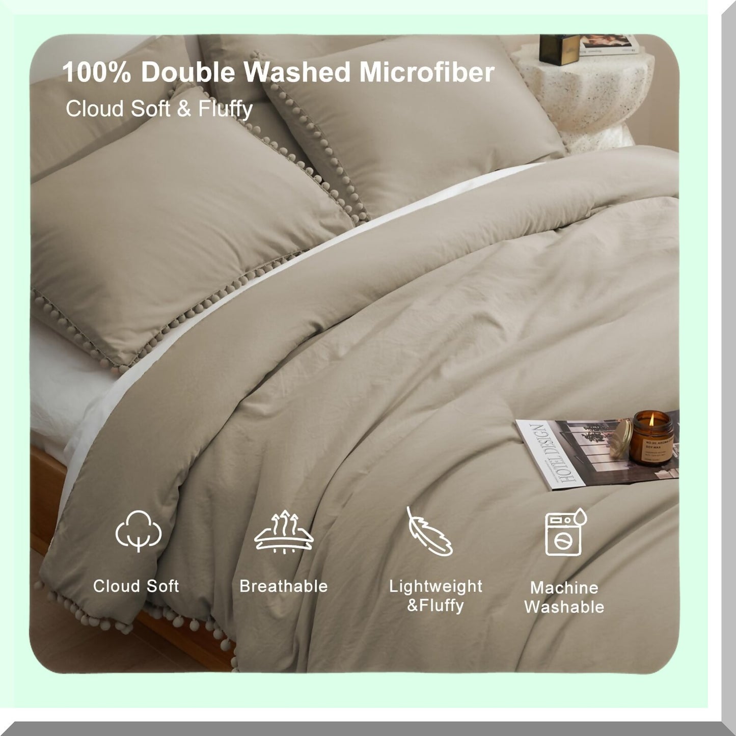 Boho Pom Pom Fringe Queen Comforter Set - 5 Piece Tan Bedding with Khaki Accents. Includes 4 Pillow Cases. Luxurious Queen Size Comforters.