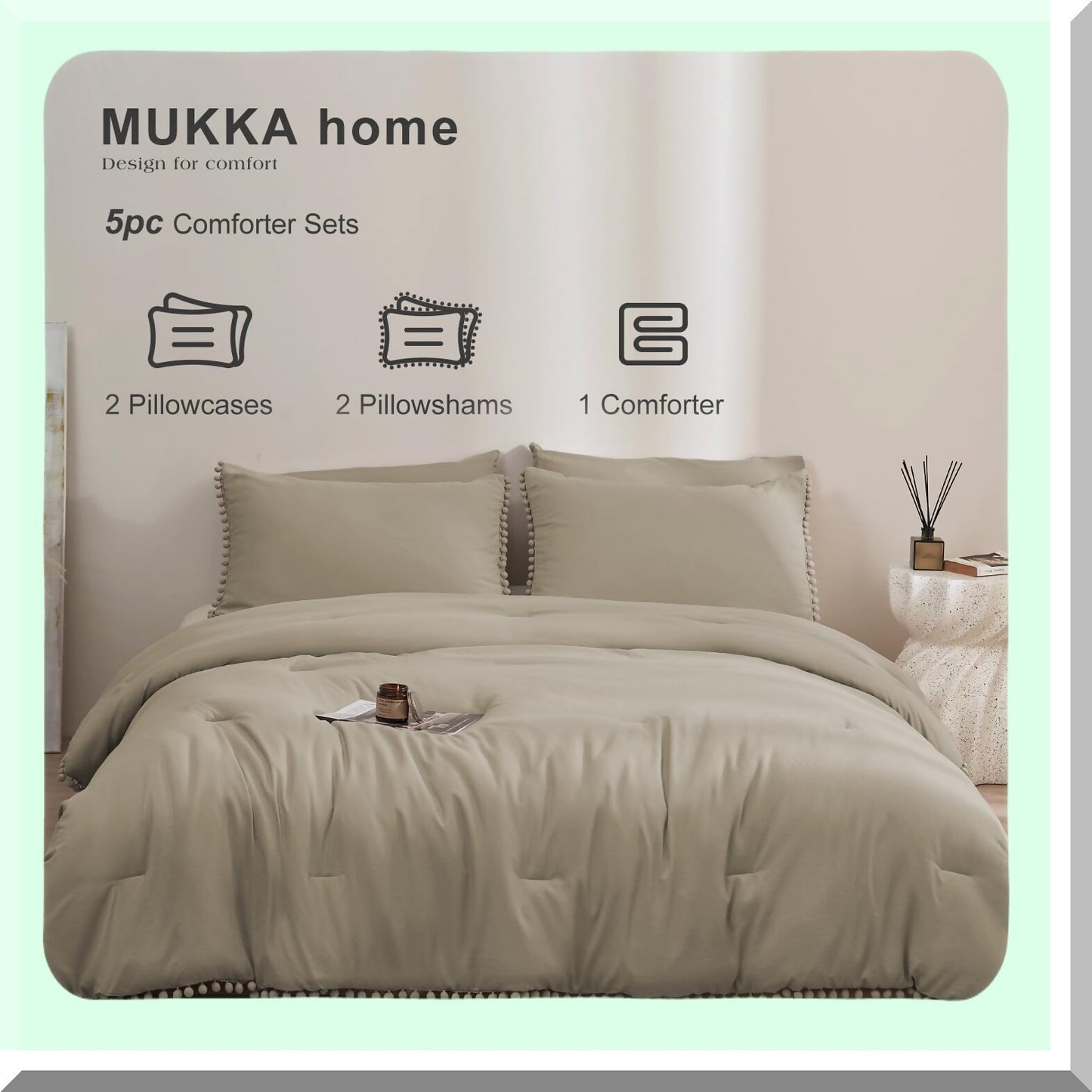 Boho Pom Pom Fringe Queen Comforter Set - 5 Piece Tan Bedding with Khaki Accents. Includes 4 Pillow Cases. Luxurious Queen Size Comforters.