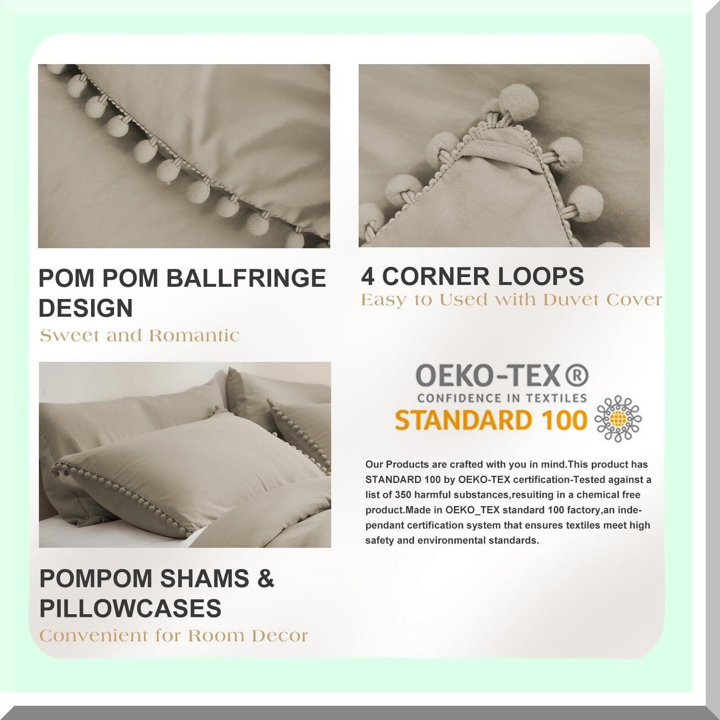 Boho Pom Pom Fringe Queen Comforter Set - 5 Piece Tan Bedding with Khaki Accents. Includes 4 Pillow Cases. Luxurious Queen Size Comforters.