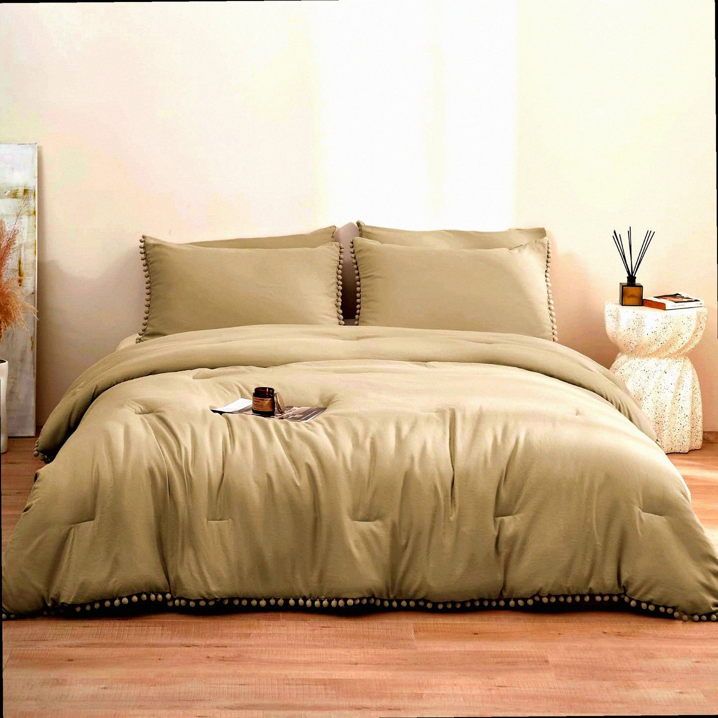 Boho Pom Pom Fringe Queen Comforter Set - 5 Piece Tan Bedding with Khaki Accents. Includes 4 Pillow Cases. Luxurious Queen Size Comforters.