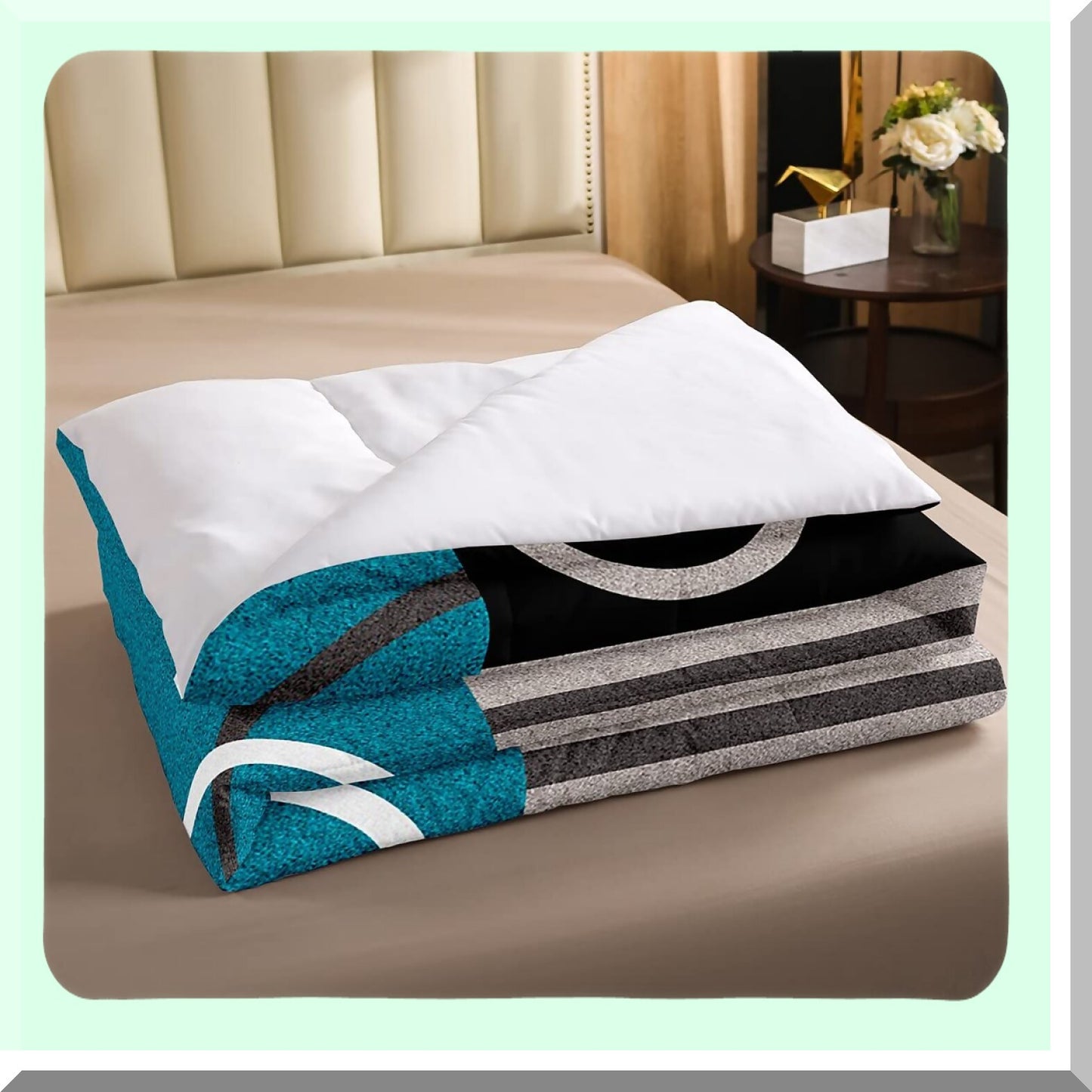 Turquoise Stripe Geometric Comforter Set - Full Size Retro Circle Swirls Bedding with Modern Abstract Texture & Color Art Duvet - Gray Black Blue