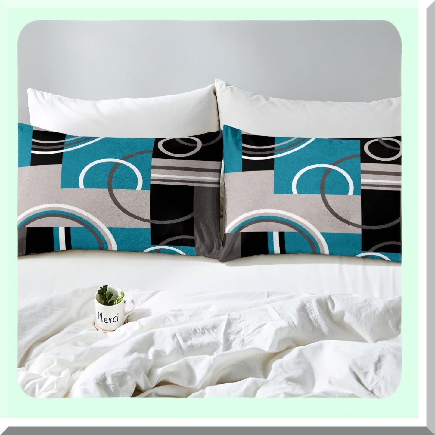 Turquoise Stripe Geometric Comforter Set - Full Size Retro Circle Swirls Bedding with Modern Abstract Texture & Color Art Duvet - Gray Black Blue
