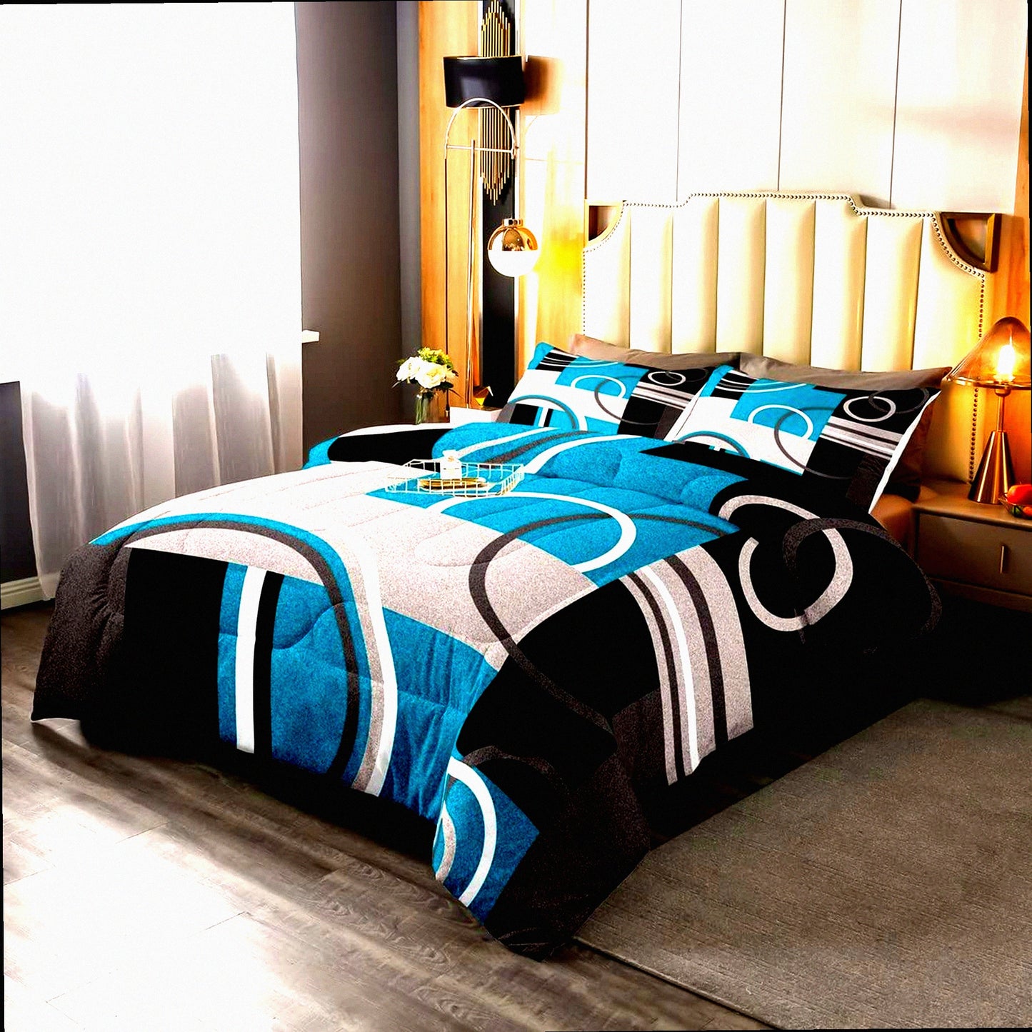 Turquoise Stripe Geometric Comforter Set - Full Size Retro Circle Swirls Bedding with Modern Abstract Texture & Color Art Duvet - Gray Black Blue