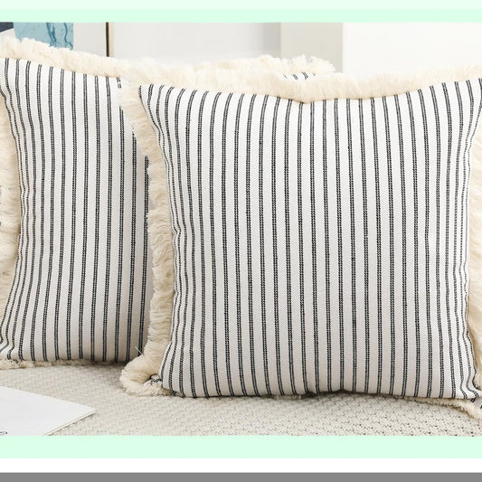 Boho Fringe Cushion Covers - Set of 2 Black 16x16 Cotton Neutral Decorative Pillow Cases for Farmhouse Living Room, Bed, Sofa & Couch