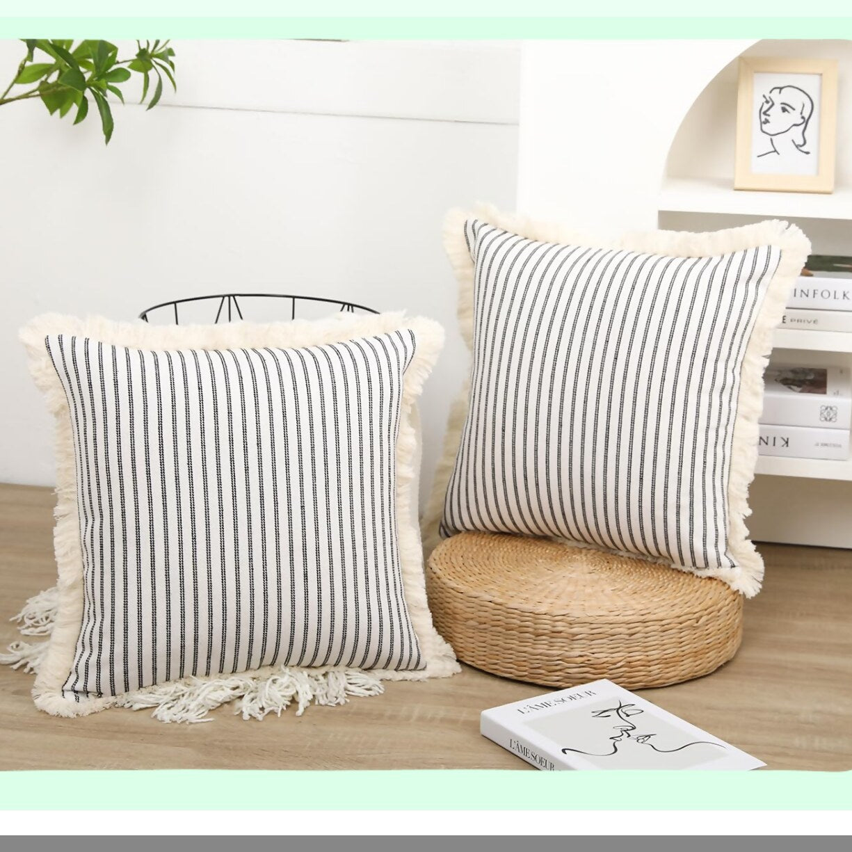 Boho Fringe Cushion Covers - Set of 2 Black 16x16 Cotton Neutral Decorative Pillow Cases for Farmhouse Living Room, Bed, Sofa & Couch