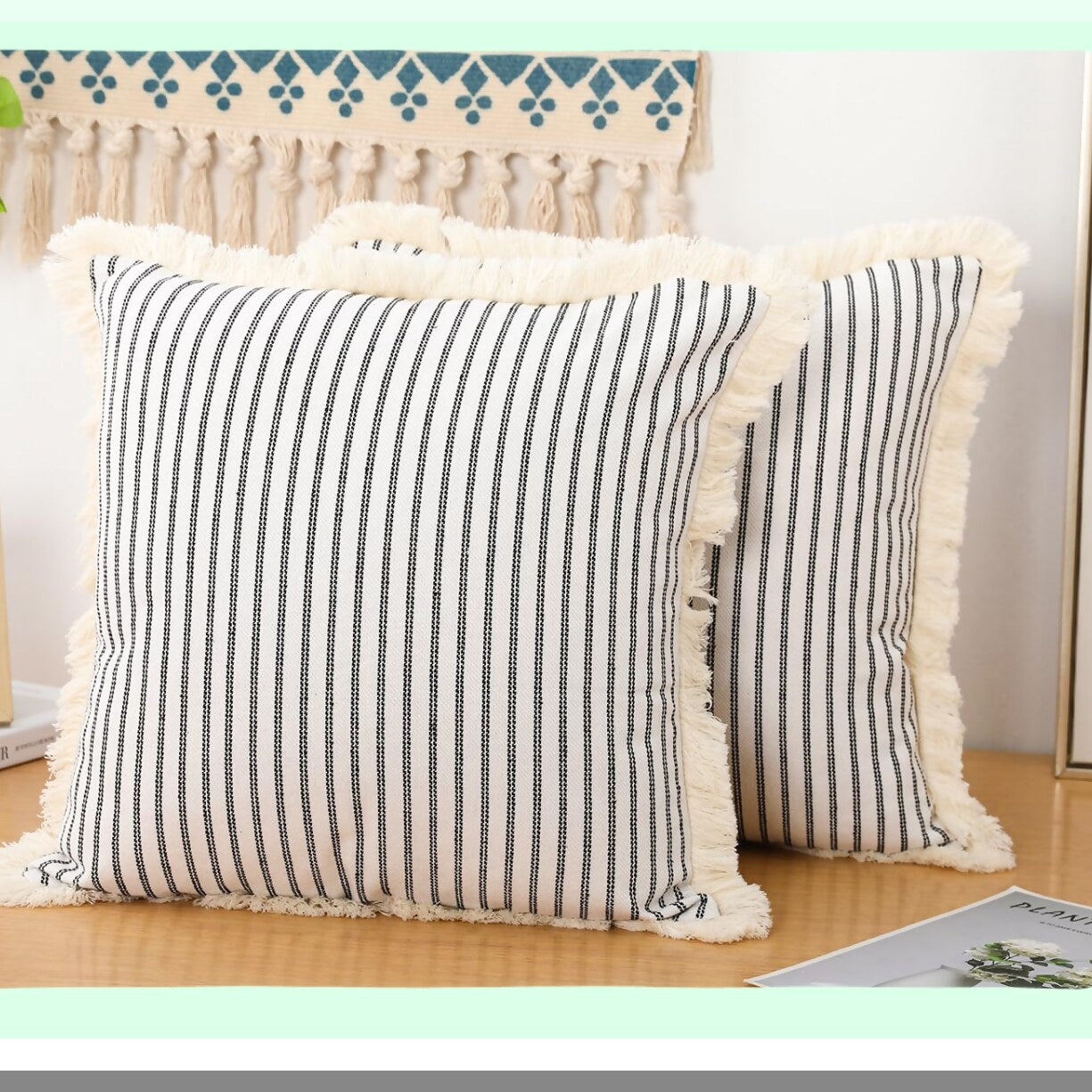 Boho Fringe Cushion Covers - Set of 2 Black 16x16 Cotton Neutral Decorative Pillow Cases for Farmhouse Living Room, Bed, Sofa & Couch