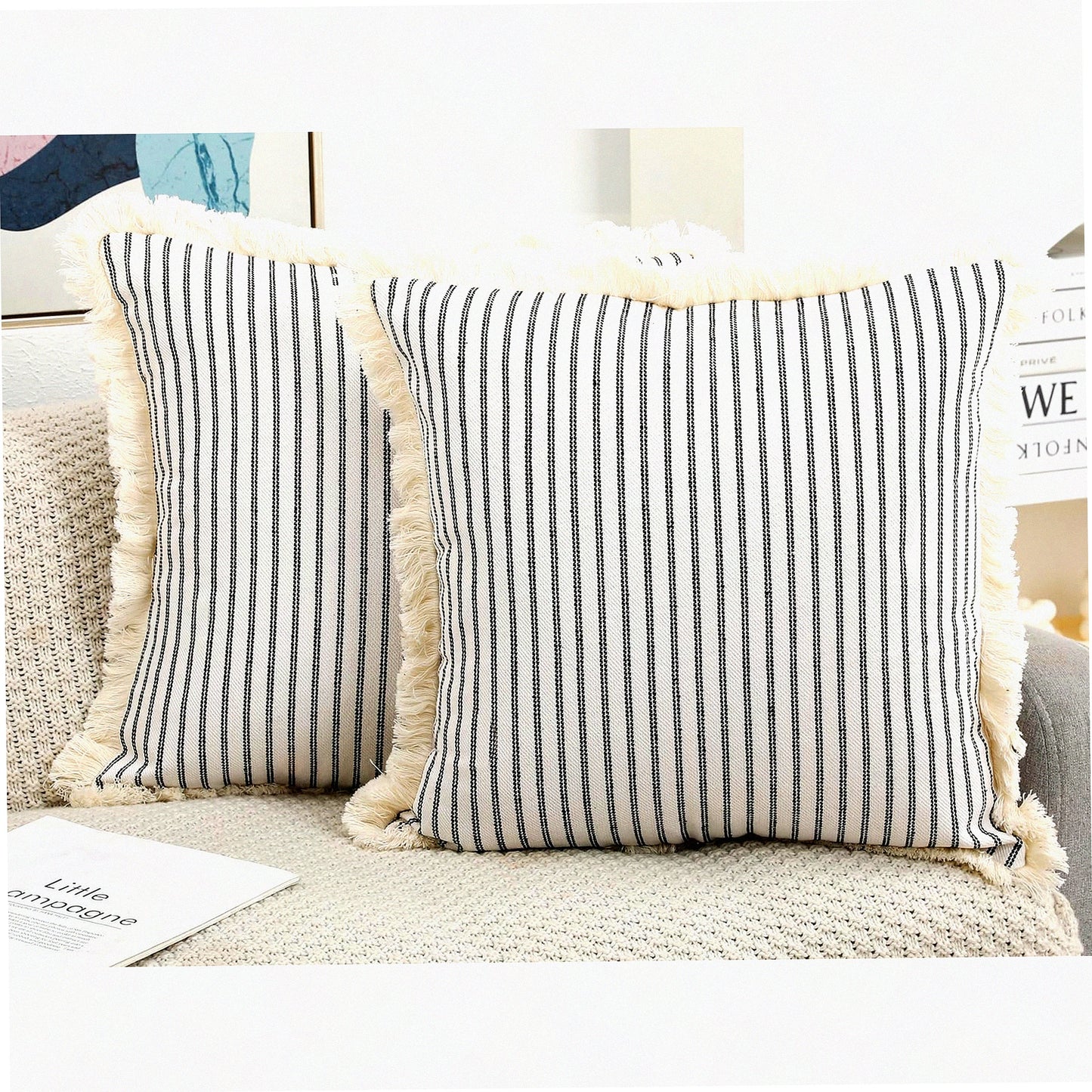 Boho Fringe Cushion Covers - Set of 2 Black 16x16 Cotton Neutral Decorative Pillow Cases for Farmhouse Living Room, Bed, Sofa & Couch