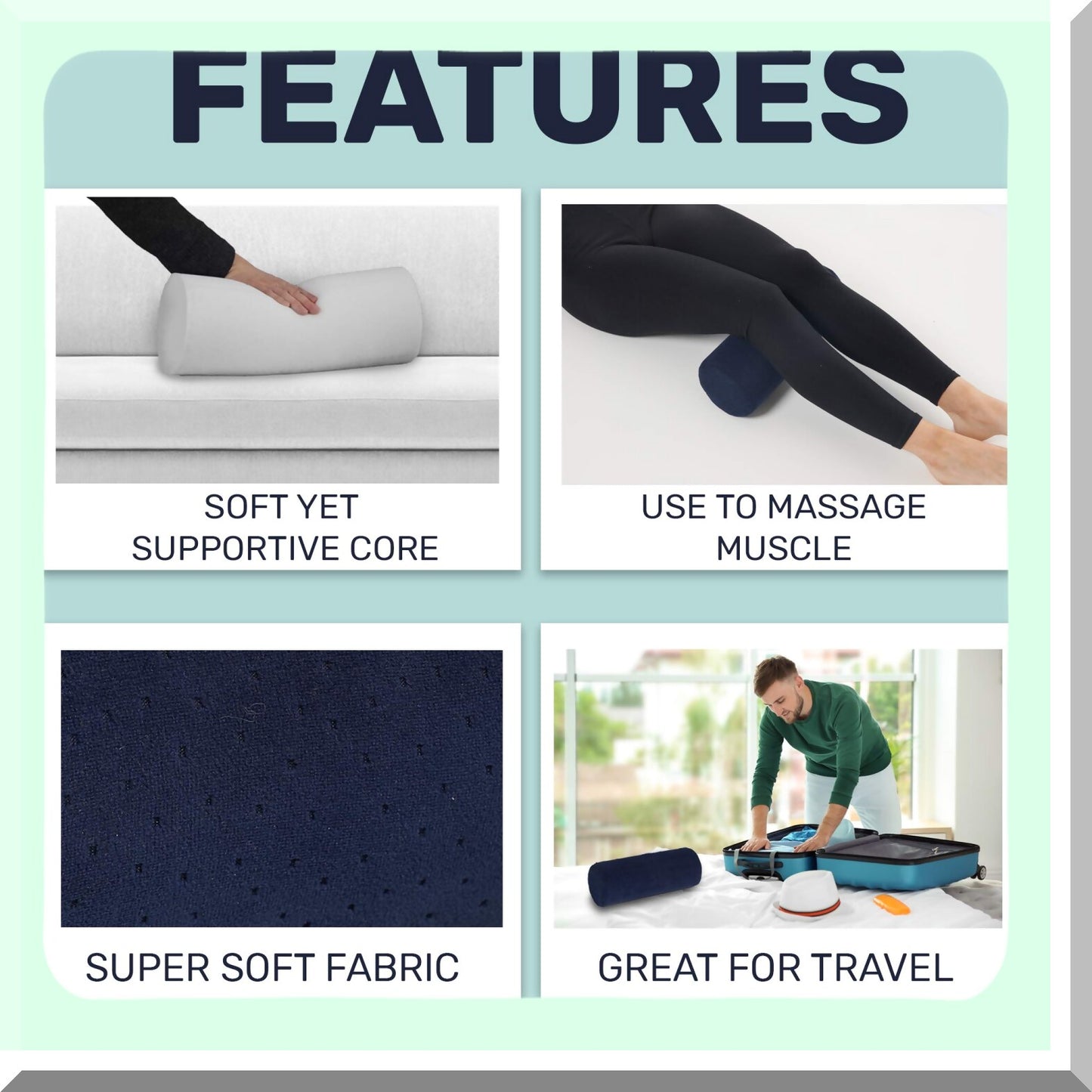 Bamboo Comfort Cervical Support Pillow - Round Cylinder Bolster Roll for Neck, Back, Legs - Washable Cover - Ergonomic Design - Navy Blue