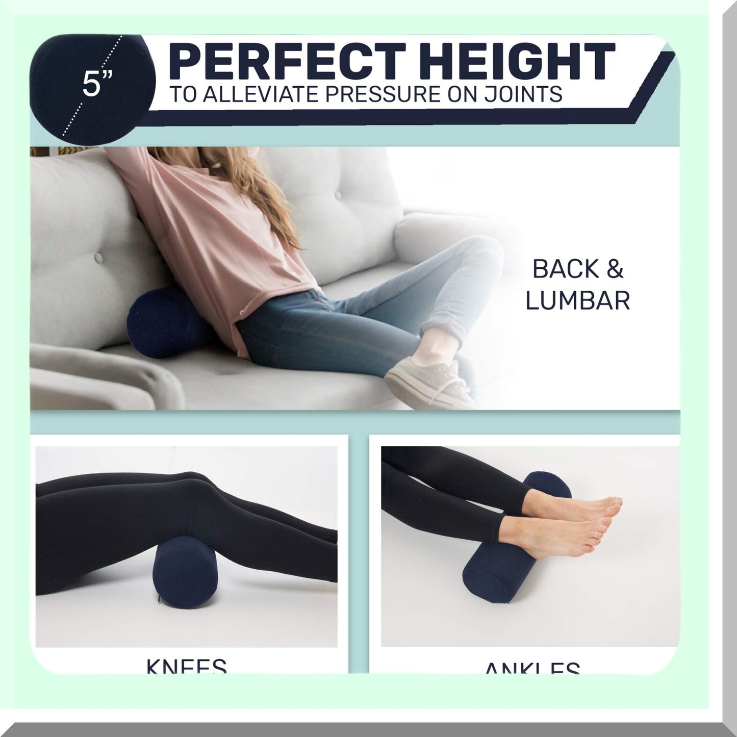 Bamboo Comfort Cervical Support Pillow - Round Cylinder Bolster Roll for Neck, Back, Legs - Washable Cover - Ergonomic Design - Navy Blue