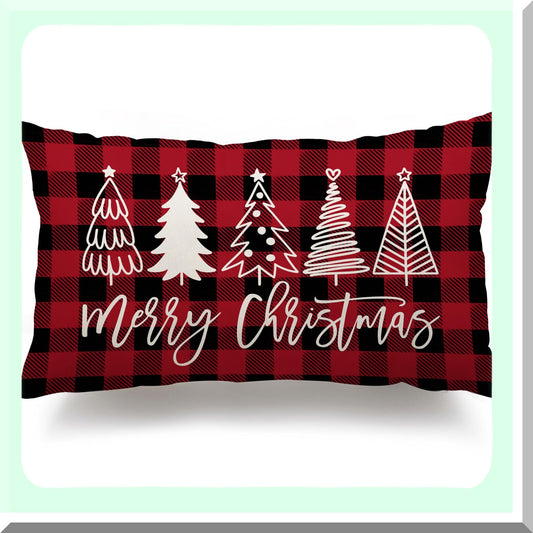 Winter Wonderland Plaid Pillow Covers - Set of 2 Decorative Tree Merry Red Black Throw Pillows for Home Couch - 12x20 Inch Cozy Decor