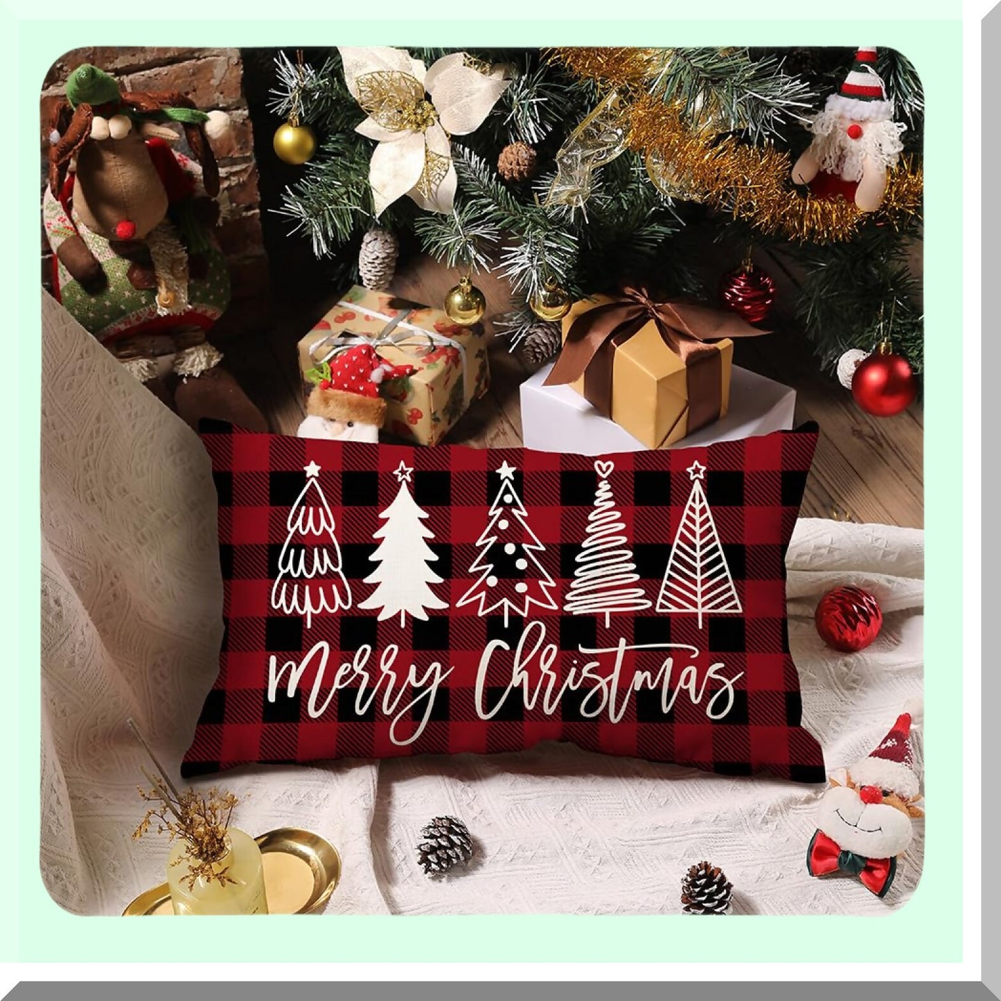 Winter Wonderland Plaid Pillow Covers - Set of 2 Decorative Tree Merry Red Black Throw Pillows for Home Couch - 12x20 Inch Cozy Decor