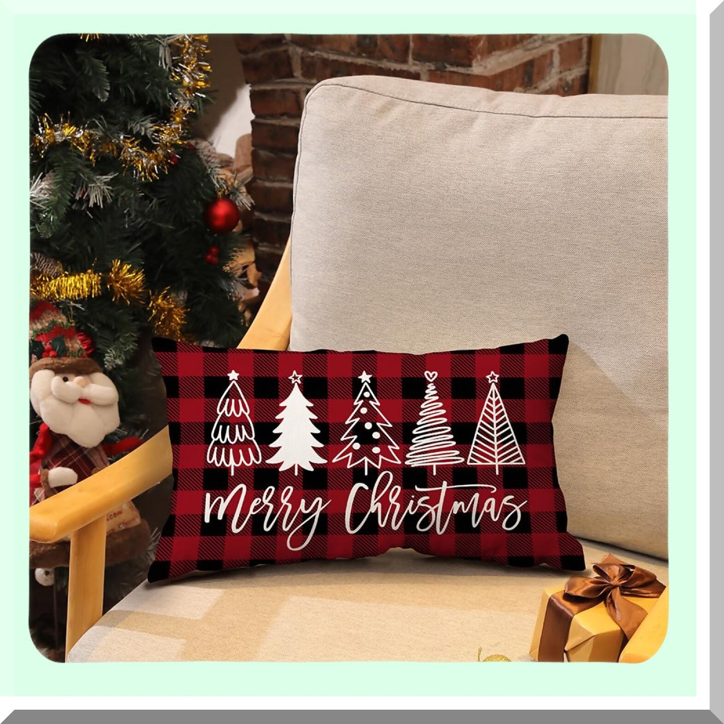 Winter Wonderland Plaid Pillow Covers - Set of 2 Decorative Tree Merry Red Black Throw Pillows for Home Couch - 12x20 Inch Cozy Decor