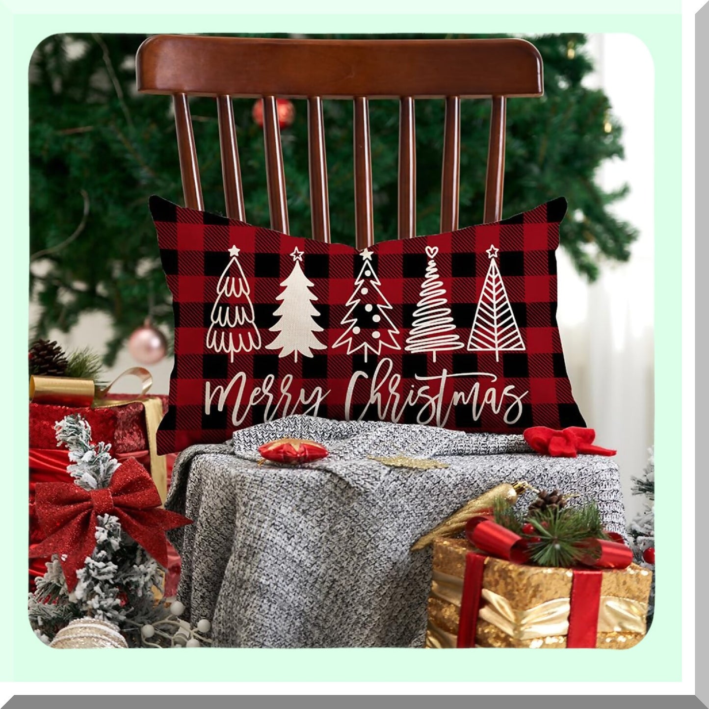 Winter Wonderland Plaid Pillow Covers - Set of 2 Decorative Tree Merry Red Black Throw Pillows for Home Couch - 12x20 Inch Cozy Decor