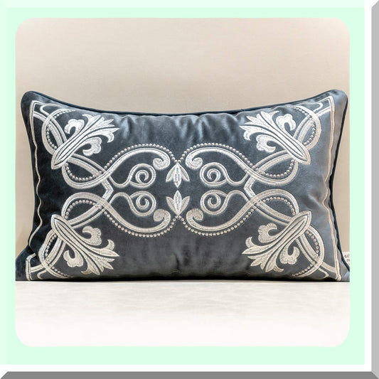 Luxury Velvet Petunias Embroidery Cushion Cover - European Home Decor Pillowcase for Sofa Chair Bedroom Living Room - Gray - 12 x 20 Inch