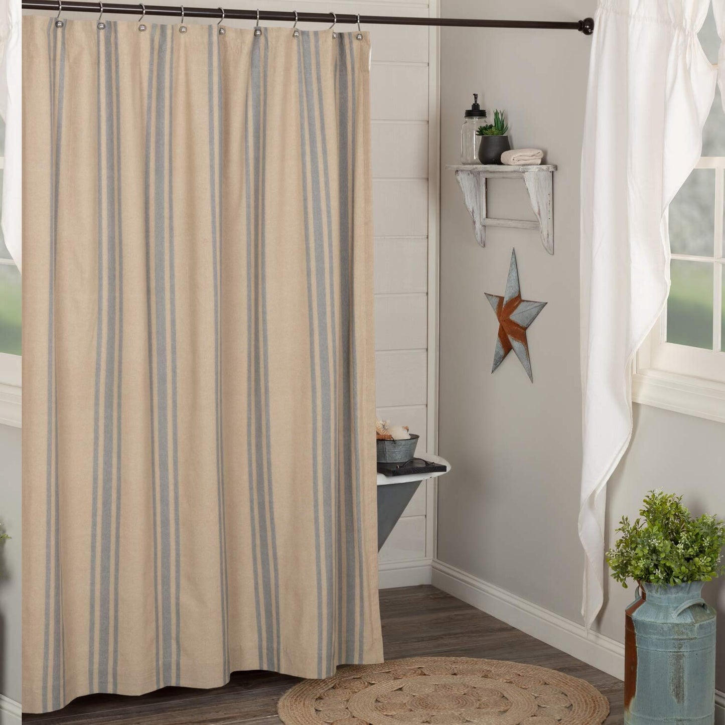 Farmer's Market Shower Curtain 72x72 Tan Blue Stripes