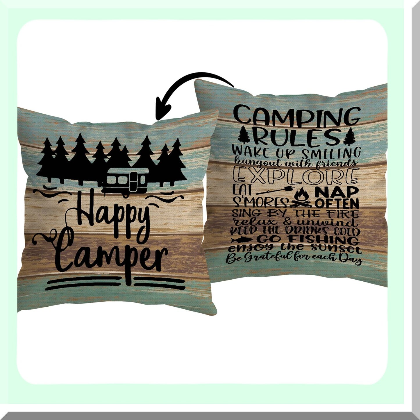 Rustic Camper Adventure Pillow Cover - Camping Rules Throw Pillow Case for Home RV Decor - Happy Camper Gifts for Men and Women - Wood Board Reversible Design 18 x 18 Inch