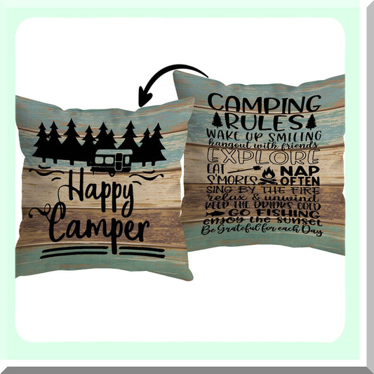 Rustic Camper Adventure Pillow Cover - Camping Rules Throw Pillow Case for Home RV Decor - Happy Camper Gifts for Men and Women - Wood Board Reversible Design 18 x 18 Inch