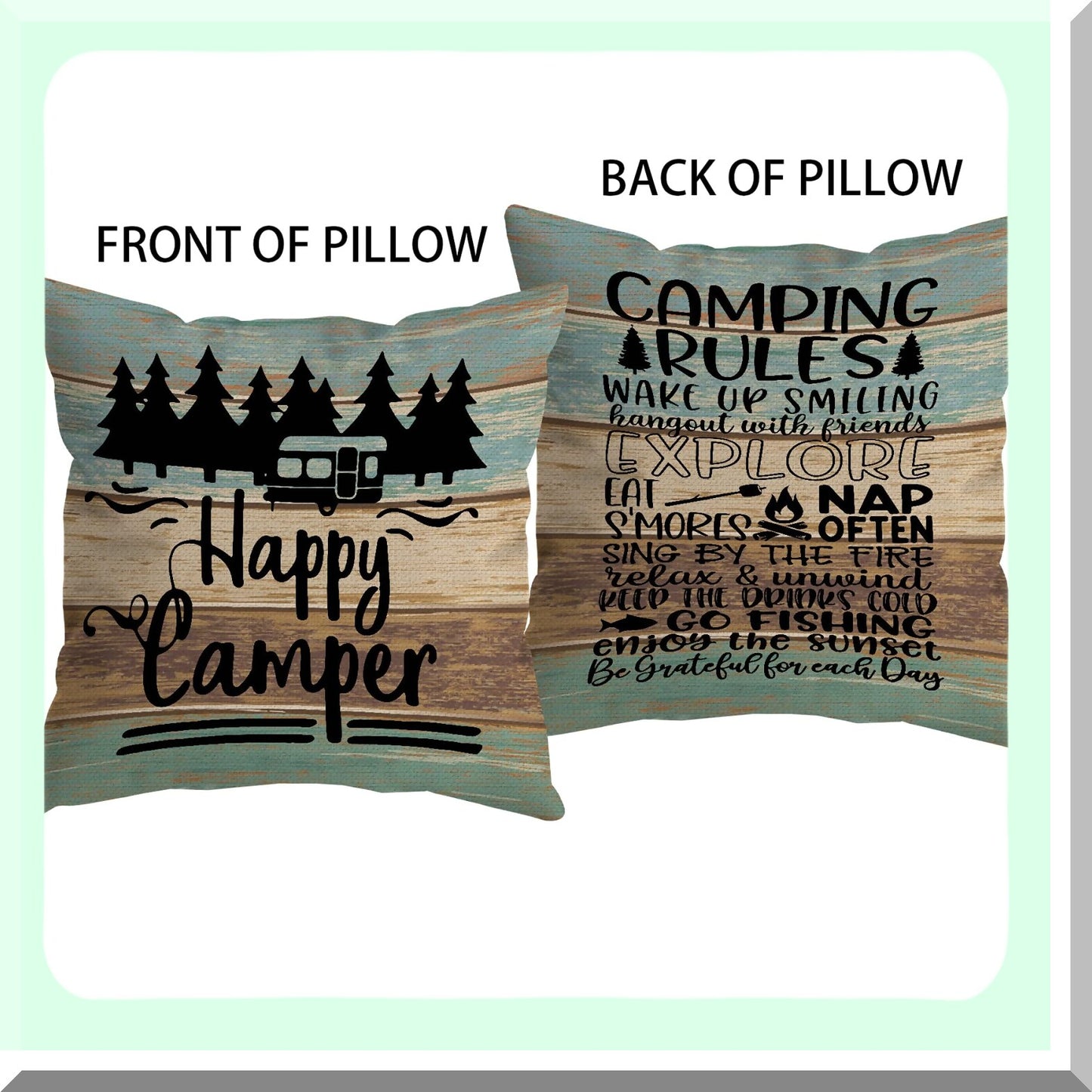 Rustic Camper Adventure Pillow Cover - Camping Rules Throw Pillow Case for Home RV Decor - Happy Camper Gifts for Men and Women - Wood Board Reversible Design 18 x 18 Inch