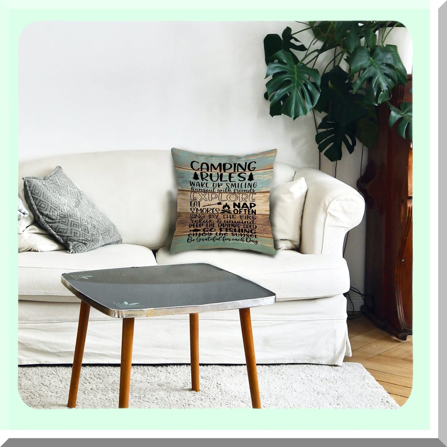 Rustic Camper Adventure Pillow Cover - Camping Rules Throw Pillow Case for Home RV Decor - Happy Camper Gifts for Men and Women - Wood Board Reversible Design 18 x 18 Inch