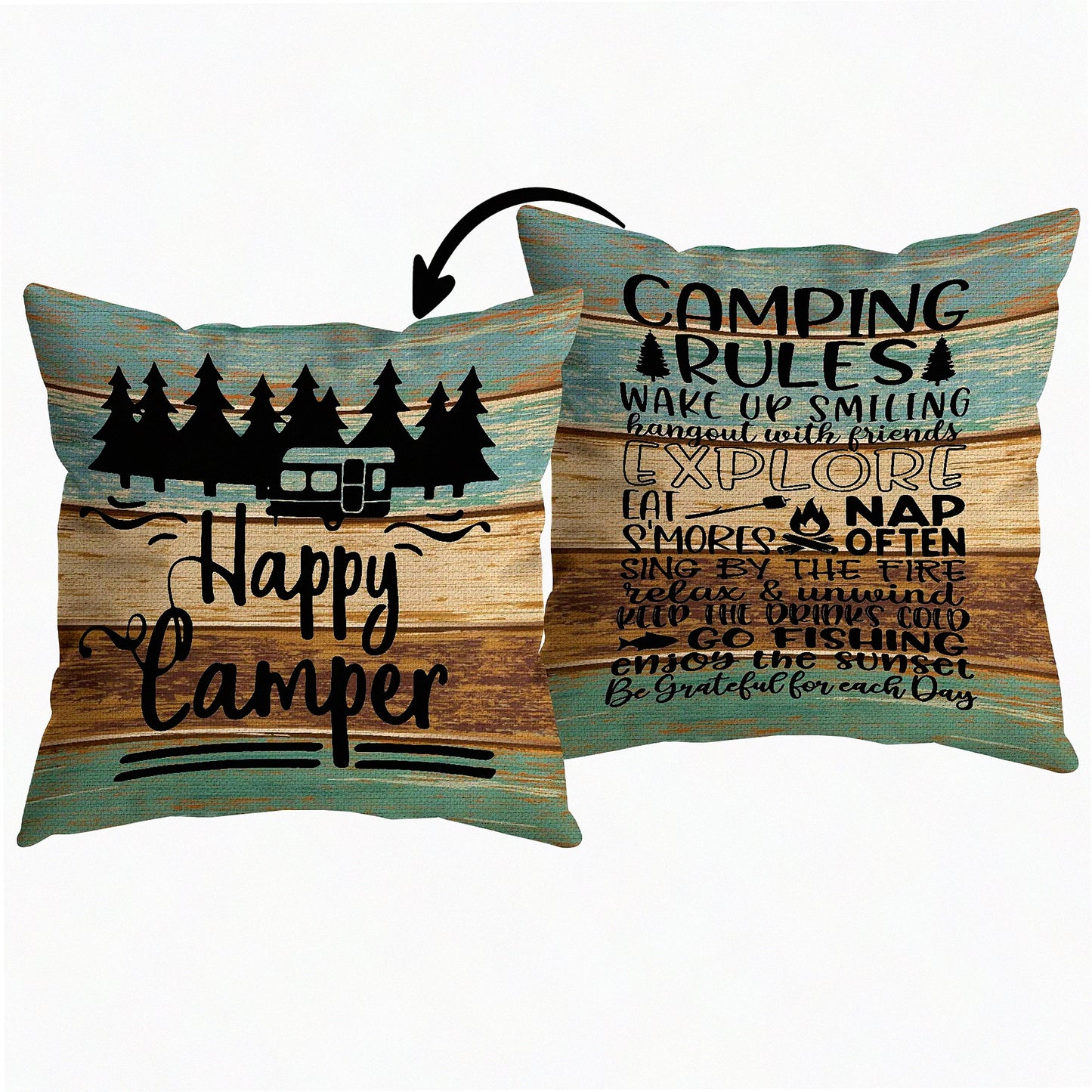 Rustic Camper Adventure Pillow Cover - Camping Rules Throw Pillow Case for Home RV Decor - Happy Camper Gifts for Men and Women - Wood Board Reversible Design 18 x 18 Inch