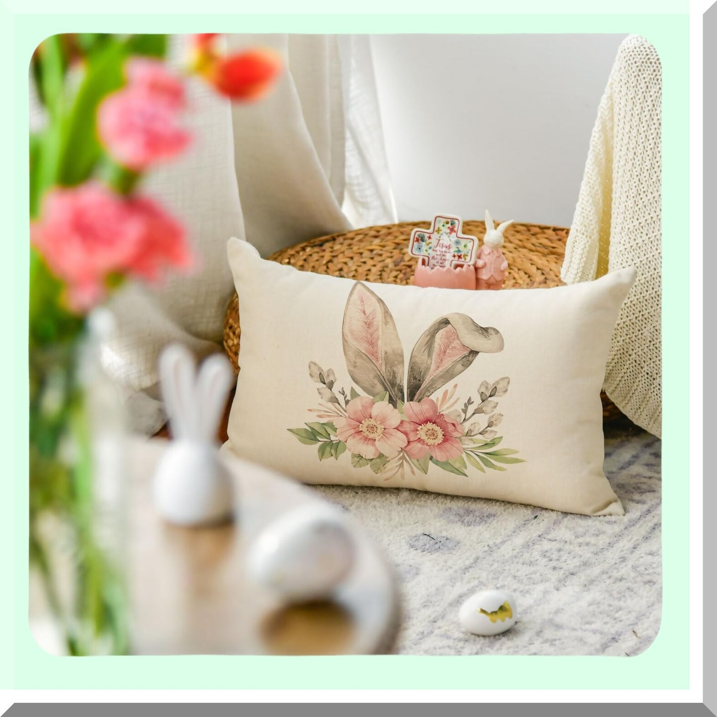 Spring Bunny Floral Pillow Cover - 12x20 Inch Happy Holiday Cushion Case for Sofa Couch Decor