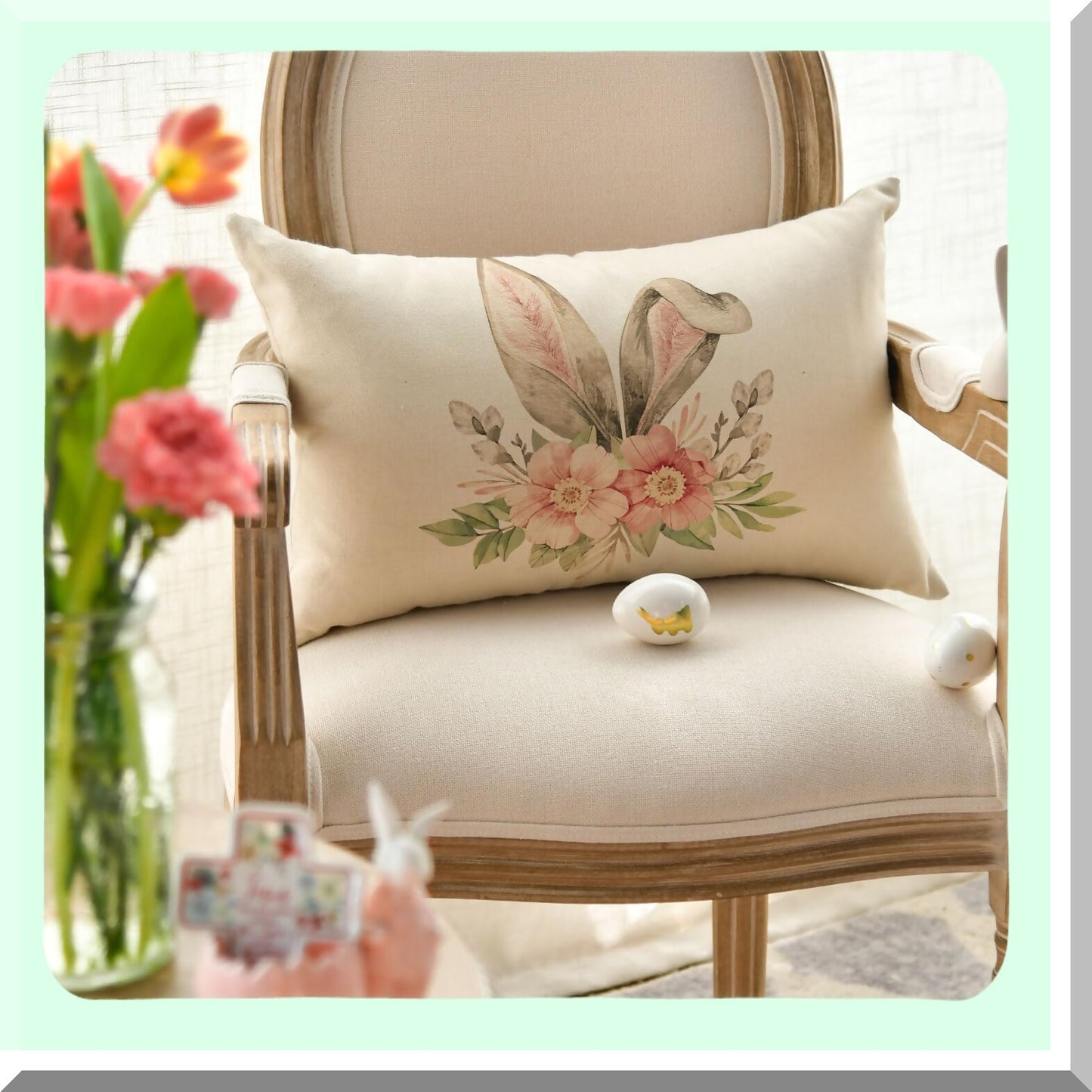 Spring Bunny Floral Pillow Cover - 12x20 Inch Happy Holiday Cushion Case for Sofa Couch Decor