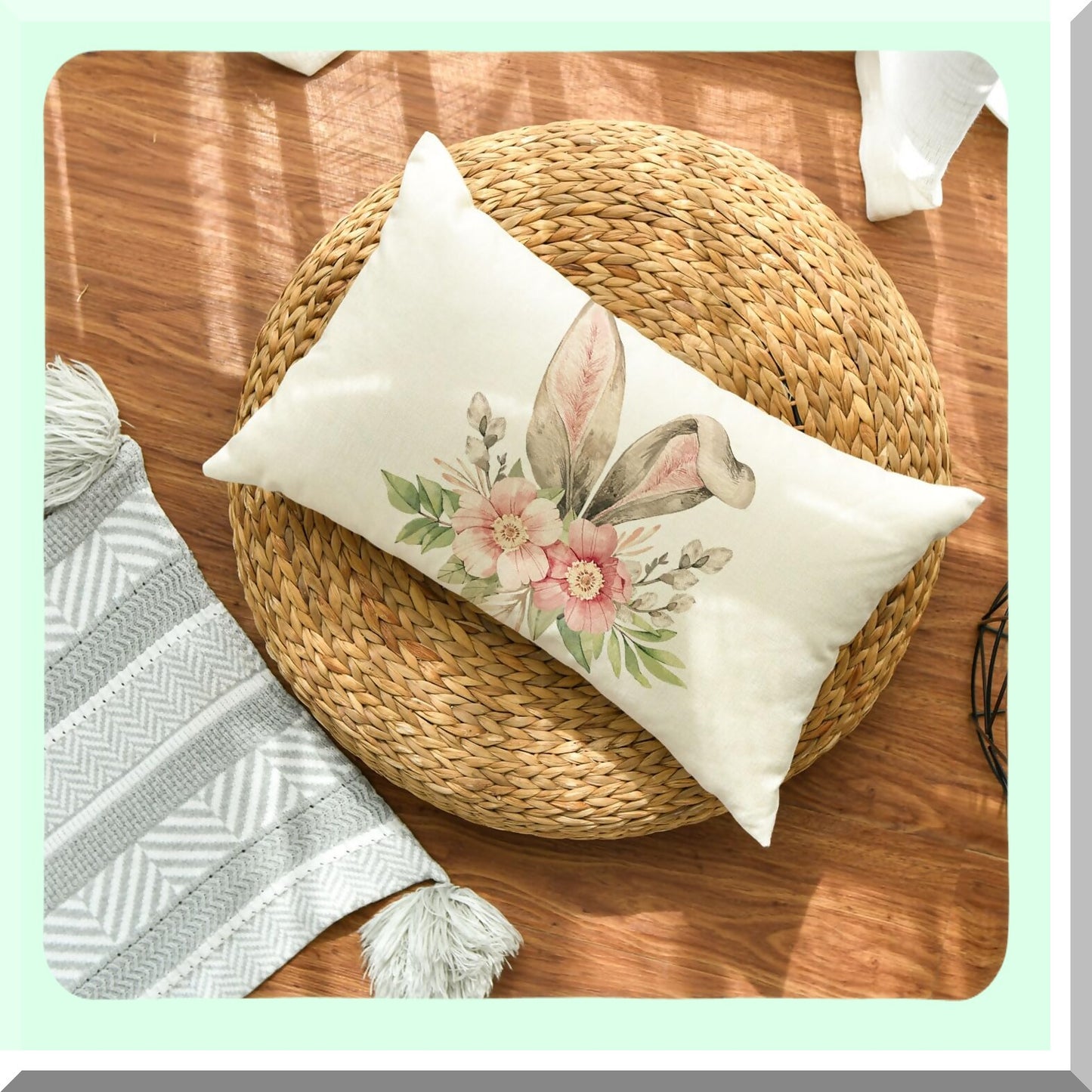 Spring Bunny Floral Pillow Cover - 12x20 Inch Happy Holiday Cushion Case for Sofa Couch Decor